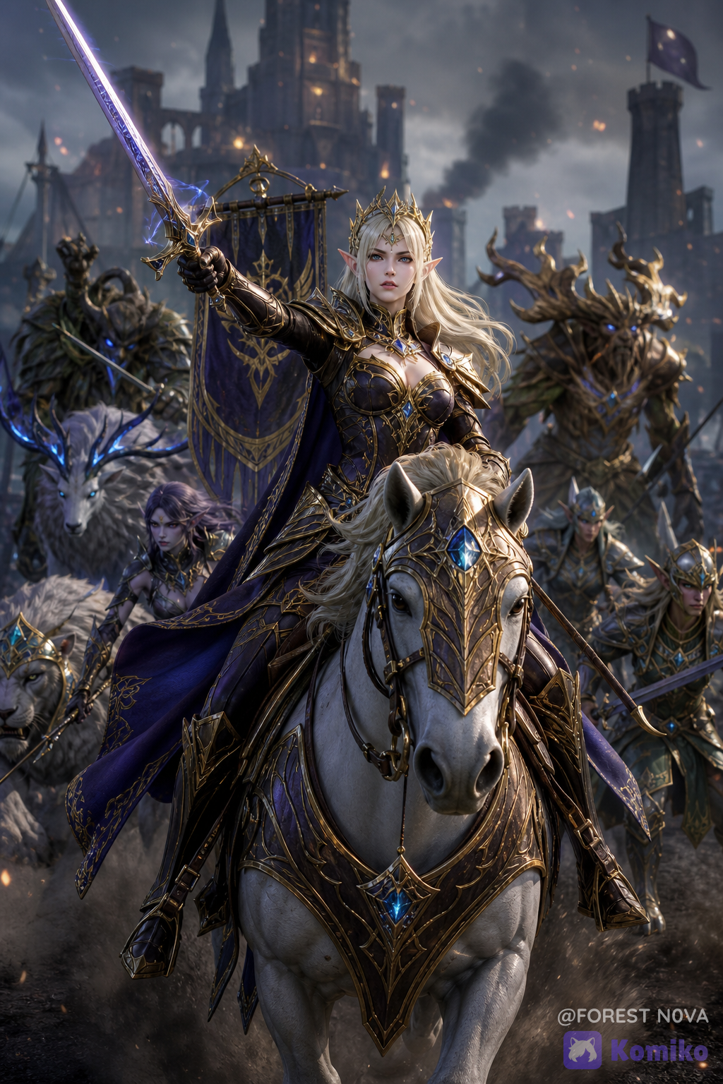 @naevira-YBWZ put her in a royal battle dress that symbolizes her rank, title and status as the last royal of her kind. Charging into battle leading her allies of mystical creatures and races against the evil human king's forces. She looks fierce with a beauty and aura that commands respect from those around her., [3d-anime-style]