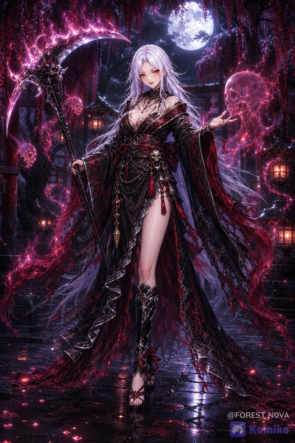@vaelira-seraphine-noctis-1o8U Keep my OC’s original face, hairstyle, hair color, eye color, skin tone, body type, and recognizable features. Transform her into an devilish vampiric soul reaper wearing a layered black and blood red kimono-style cloak with wide flowing sleeves, silver-gray trim, torn spectral edges, delicate dark floral patterns, and a high-slit asymmetrical skirt. Add a dark blood red obi belt decorated with braided cords, hanging charms, chains, and a small skull ornament. Give her ornate black shin guards, ribbon-tied open-toe sandals, gothic earrings, and layered black necklaces. She is walking gracefully along an ancient stone path inside a haunted shrine forest at midnight. A brilliant full moon shines through twisted trees and hanging red wisteria. Weathered torii gates and warm lanterns appear in the background. Several demonic but spooky translucent spirits with softly glowing skull-like faces float around her. She calmly extends one hand toward a nearby spirit as if guiding a lost soul into the afterlife. In her other hand, she carries a long spectral scythe surrounded by violet-red ghost fire and magical mist. Her expression is gentle, mysterious, confident, and slightly mischievous. Flowing hair and robes, cinematic moonlight, red and black color palette, supernatural atmosphere, full-body composition., [3d-anime-style]