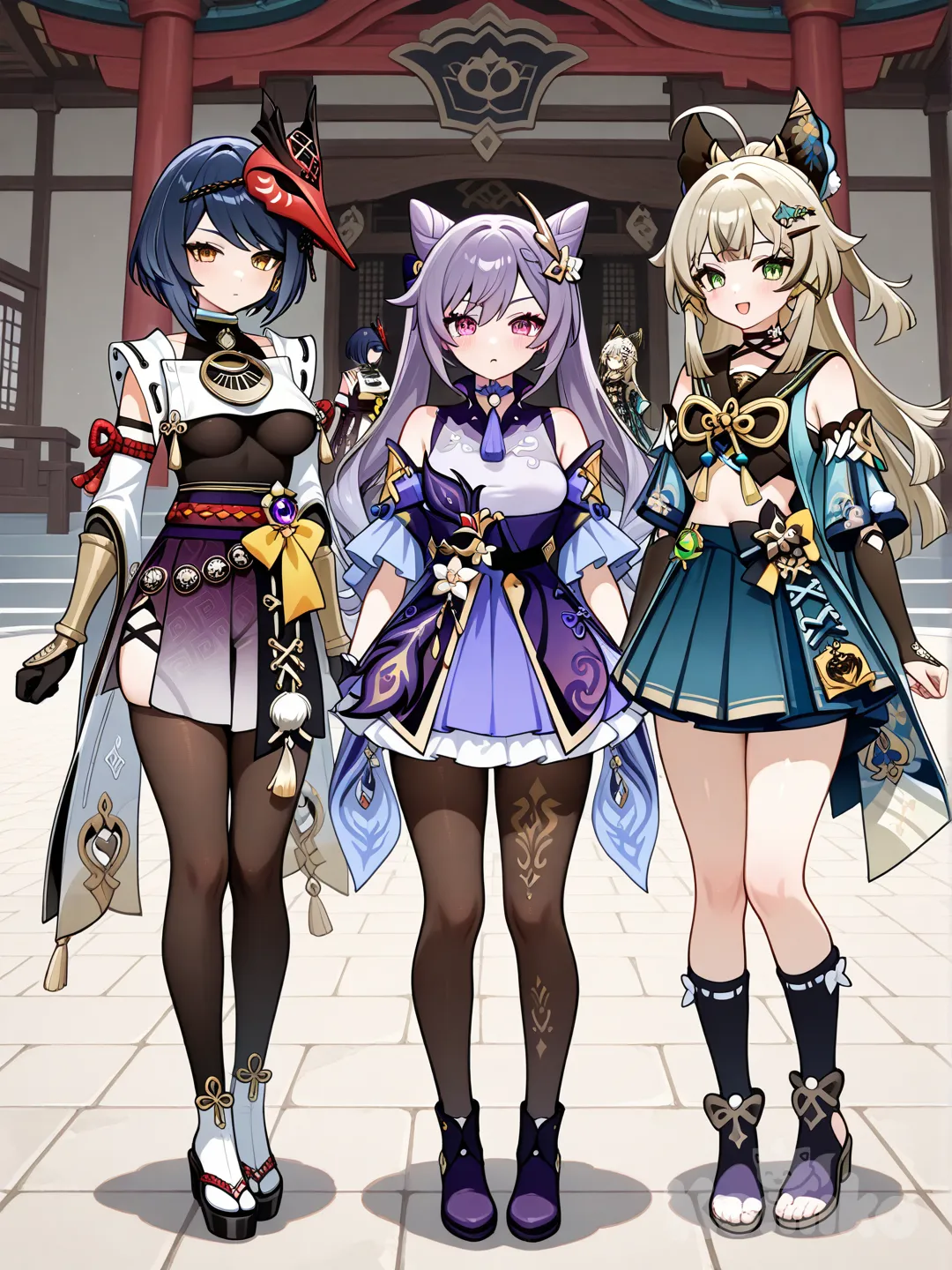 @Keqing_(Genshin_Impact), @Kirara_(Genshin_Impact), @Kujou_Sara, group picture