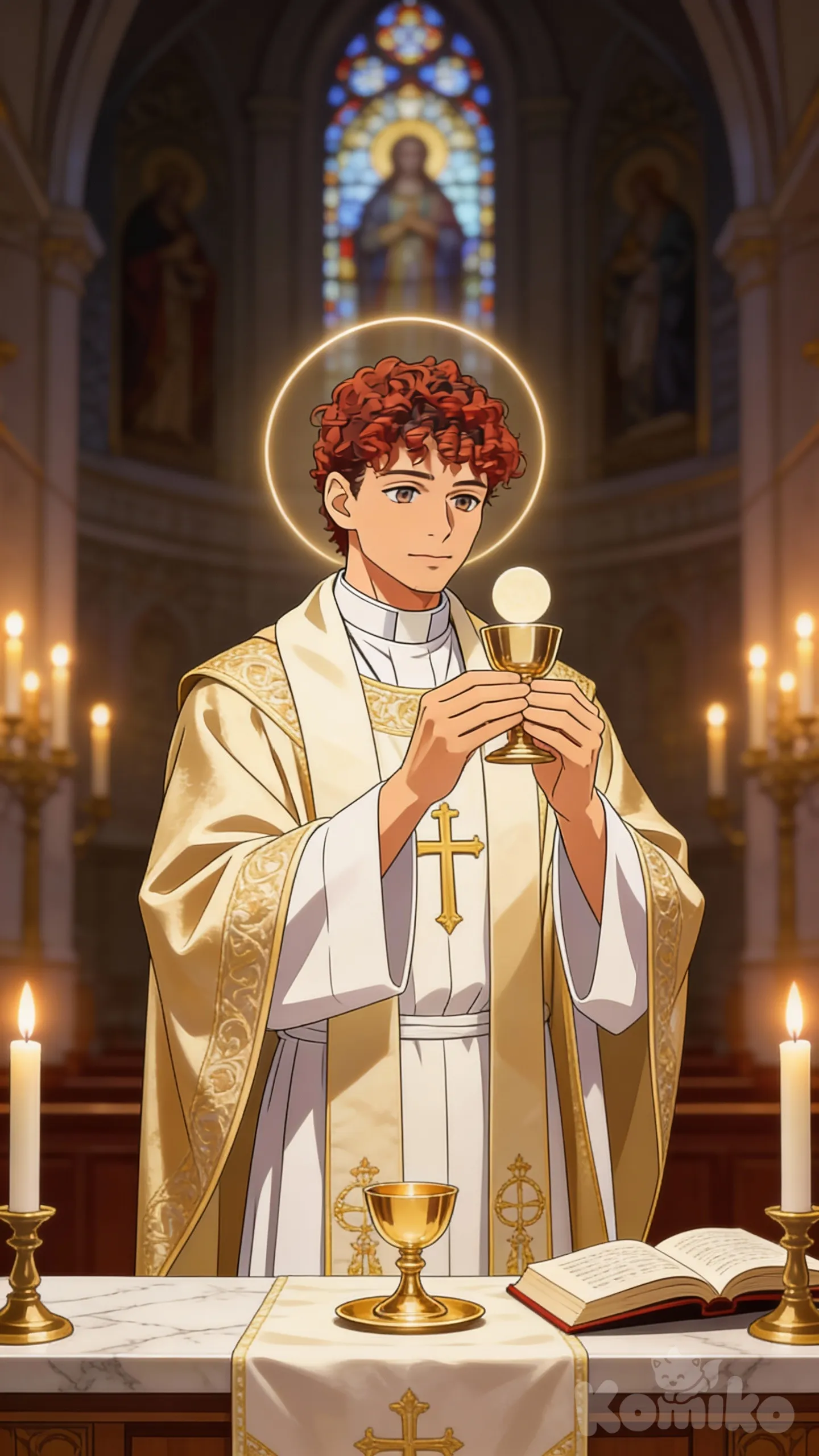 Transformar a pessoa da foto em um padre católico celebrando a Santa Missa, com veste tradicional completa, em um estilo anime realista, elegante e reverente, inspirado em animes de traço limpo e iluminação cinematográfica.
O sacerdote está de frente para o altar, em atitude de recolhimento e solenidade, durante o momento central da Missa (pode ser a Consagração ou a Oração Eucarística).
Sua expressão é serena, profunda e contemplativa, transmitindo fé, autoridade espiritual e doçura pastoral.
Vestuário litúrgico (com riqueza de detalhes):
Amito visível ao redor do pescoço
Alva branca, longa, com leve movimento e dobras suaves
Cíngulo bem ajustado à cintura
Estola sacerdotal colocada corretamente sobre os ombros
Casula tradicional (romana), rica em detalhes, com:
bordados dourados ou sutis
cruz central ou símbolos eucarísticos
tecido nobre (seda ou brocado)
As vestes devem parecer reais, com textura visível, peso e caimento natural, nada plástico ou fantasioso.
Cenário:
Interior de uma igreja católica tradicional
Altar de mármore ou madeira, com:
cálice dourado
patena
corporal
missal romano aberto
Velas acesas, emitindo luz quente
Ao fundo, vitrais coloridos ou imagens sacras levemente desfocadas
Atmosfera de silêncio sagrado
Iluminação:
Luz suave e dourada, como se viesse das velas e dos vitrais
Um leve brilho envolvendo o sacerdote, transmitindo graça e solenidade
Clima de paz, mistério e transcendência
Estilo artístico:
Anime realista e respeitoso
Traços delicados no rosto
Olhos expressivos, porém discretos
Nada exagerado ou infantil
Inspiração em arte sacra + estética anime moderna
Clima geral da imagem: Sagrada, bela, solene, profunda.
Uma imagem que parece orar sozinha.