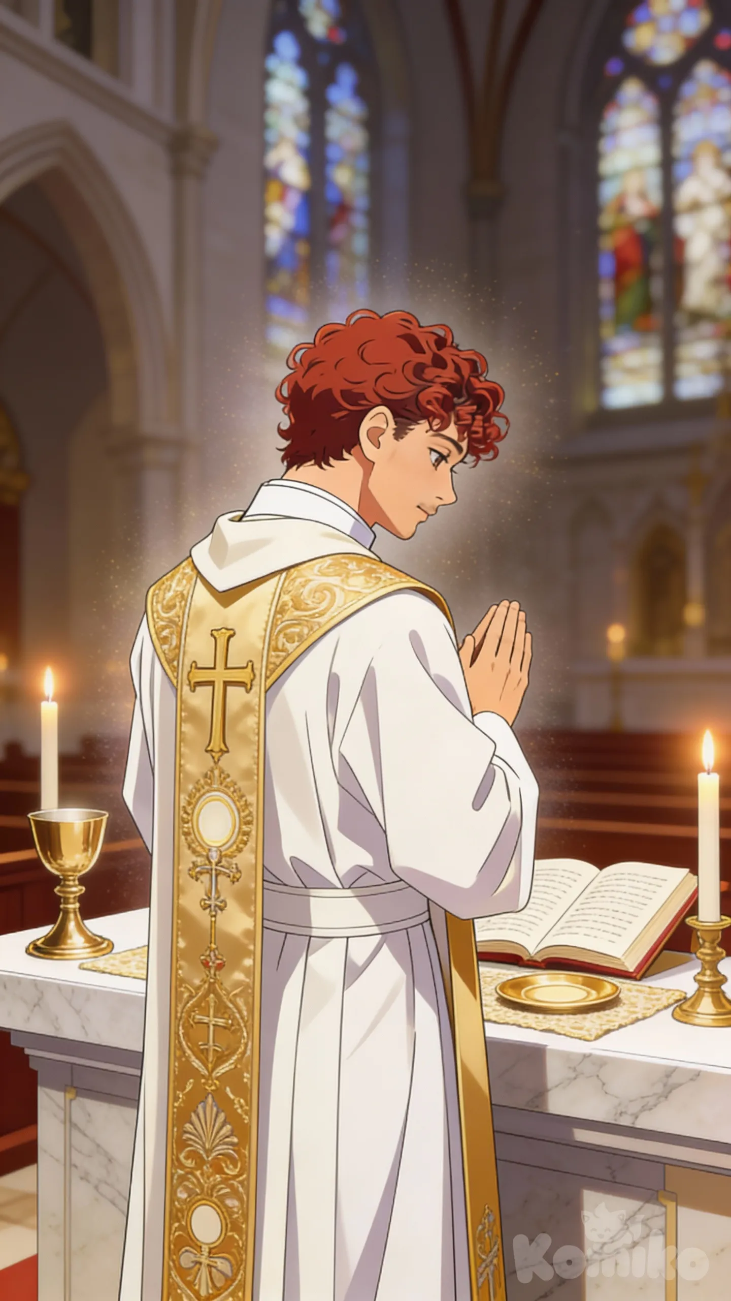 Transformar a pessoa da foto em um padre católico celebrando a Santa Missa, com veste tradicional completa, em um estilo anime realista, elegante e reverente, inspirado em animes de traço limpo e iluminação cinematográfica.
O sacerdote está de frente para o altar, em atitude de recolhimento e solenidade, durante o momento central da Missa (pode ser a Consagração ou a Oração Eucarística).
Sua expressão é serena, profunda e contemplativa, transmitindo fé, autoridade espiritual e doçura pastoral.
Vestuário litúrgico (com riqueza de detalhes):
Amito visível ao redor do pescoço
Alva branca, longa, com leve movimento e dobras suaves
Cíngulo bem ajustado à cintura
Estola sacerdotal colocada corretamente sobre os ombros
Casula tradicional (romana), rica em detalhes, com:
bordados dourados ou sutis
cruz central ou símbolos eucarísticos
tecido nobre (seda ou brocado)
As vestes devem parecer reais, com textura visível, peso e caimento natural, nada plástico ou fantasioso.
Cenário:
Interior de uma igreja católica tradicional
Altar de mármore ou madeira, com:
cálice dourado
patena
corporal
missal romano aberto
Velas acesas, emitindo luz quente
Ao fundo, vitrais coloridos ou imagens sacras levemente desfocadas
Atmosfera de silêncio sagrado
Iluminação:
Luz suave e dourada, como se viesse das velas e dos vitrais
Um leve brilho envolvendo o sacerdote, transmitindo graça e solenidade
Clima de paz, mistério e transcendência
Estilo artístico:
Anime realista e respeitoso
Traços delicados no rosto
Olhos expressivos, porém discretos
Nada exagerado ou infantil
Inspiração em arte sacra + estética anime moderna
Clima geral da imagem: Sagrada, bela, solene, profunda.
Uma imagem que parece orar sozinha.