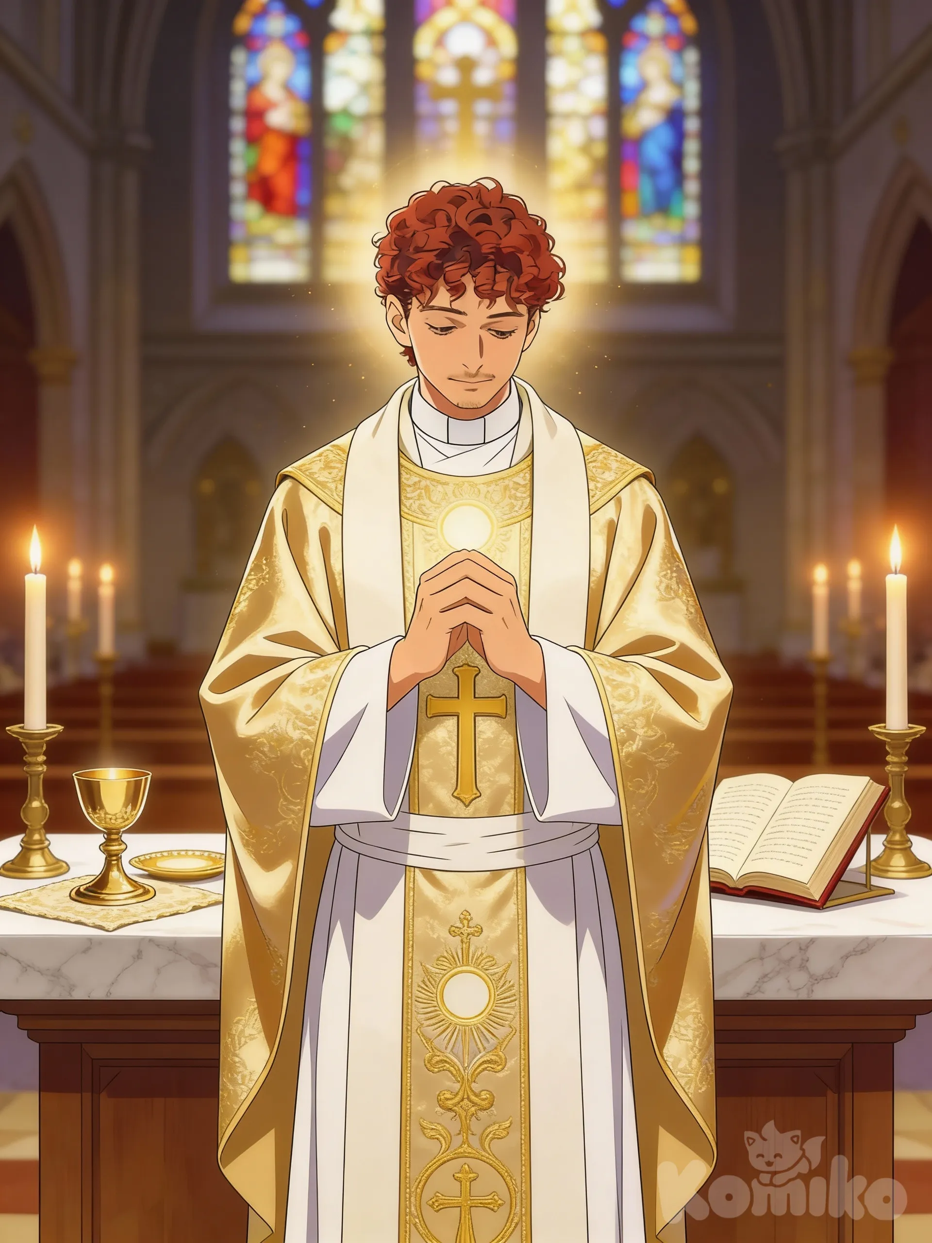Transformar a pessoa da foto em um padre católico celebrando a Santa Missa, com veste tradicional completa, em um estilo anime realista, elegante e reverente, inspirado em animes de traço limpo e iluminação cinematográfica.
O sacerdote está de frente para o altar, em atitude de recolhimento e solenidade, durante o momento central da Missa (pode ser a Consagração ou a Oração Eucarística).
Sua expressão é serena, profunda e contemplativa, transmitindo fé, autoridade espiritual e doçura pastoral.
Vestuário litúrgico (com riqueza de detalhes):
Amito visível ao redor do pescoço
Alva branca, longa, com leve movimento e dobras suaves
Cíngulo bem ajustado à cintura
Estola sacerdotal colocada corretamente sobre os ombros
Casula tradicional (romana), rica em detalhes, com:
bordados dourados ou sutis
cruz central ou símbolos eucarísticos
tecido nobre (seda ou brocado)
As vestes devem parecer reais, com textura visível, peso e caimento natural, nada plástico ou fantasioso.
Cenário:
Interior de uma igreja católica tradicional
Altar de mármore ou madeira, com:
cálice dourado
patena
corporal
missal romano aberto
Velas acesas, emitindo luz quente
Ao fundo, vitrais coloridos ou imagens sacras levemente desfocadas
Atmosfera de silêncio sagrado
Iluminação:
Luz suave e dourada, como se viesse das velas e dos vitrais
Um leve brilho envolvendo o sacerdote, transmitindo graça e solenidade
Clima de paz, mistério e transcendência
Estilo artístico:
Anime realista e respeitoso
Traços delicados no rosto
Olhos expressivos, porém discretos
Nada exagerado ou infantil
Inspiração em arte sacra + estética anime moderna
Clima geral da imagem: Sagrada, bela, solene, profunda.
Uma imagem que parece orar sozinha.