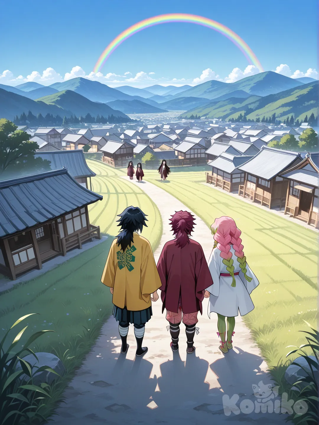 Rengoku Kyoujurou, Tomioka Giyuu, Kamado Nezuko, Kanroji Mitsuri, rainbow, full body, side light, blue sky, village