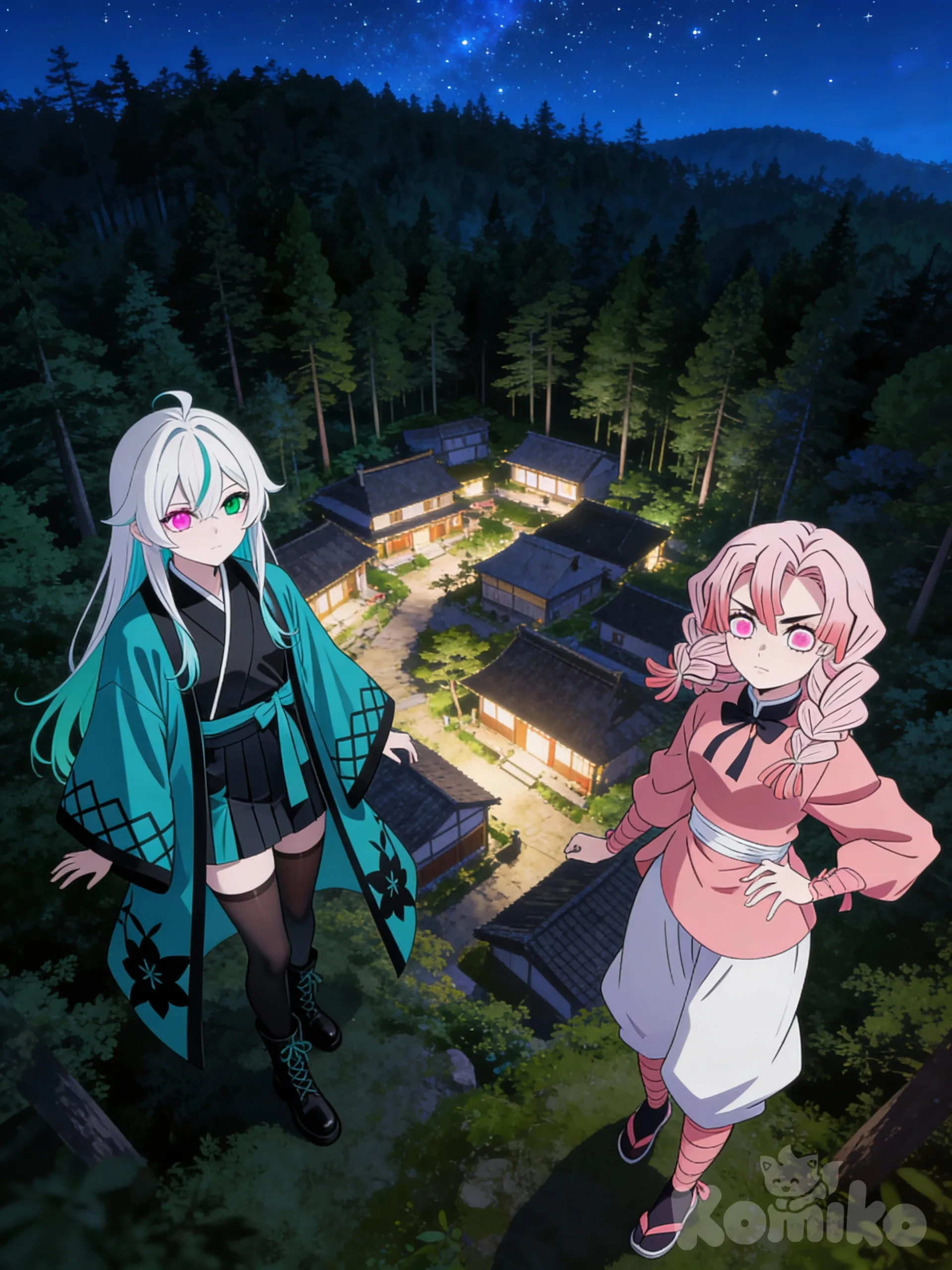 @shinoku-A7g1, @luna-6npW, @may-Nbsp, bird's-eye view, night, backlight, blue sky, village, forest