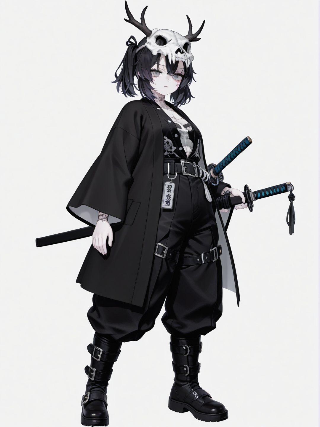 [3d-anime-style] 1girl, demon slayer style, original character, teenager, short, black hair, off-white hair, gray eyes, scar, pale skin, black buckled belt shirt, black buckled belt pants, black buckled belt boots, black haori, blue katana, black katana, deer skull mask, single character, full body, looking at viewer, simple background, white background