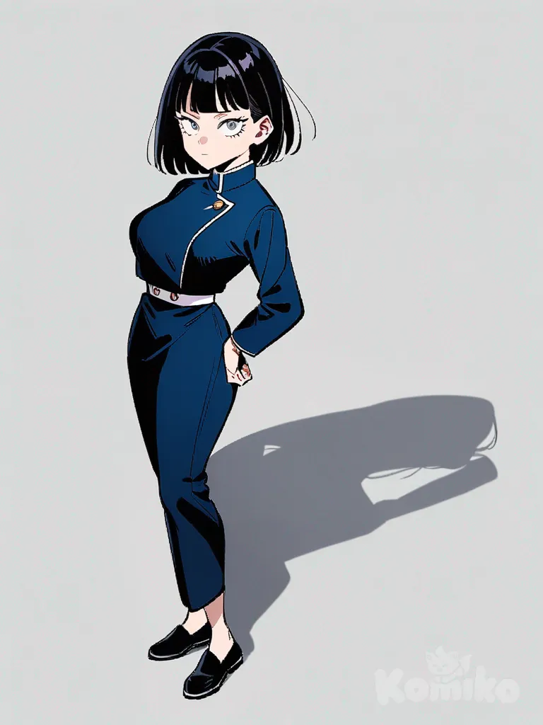 1girl, wearing a uniform similar to Nobara but predominantly black, Jujutsu Kaisen style, original character in the Jujutsu Kaisen universe, teenager, short, curvy, black hair, gray eyes, wearing a black mask with two white dot eyes and a white smile, single character, full body, looking at viewer, anime style, simple background, white background