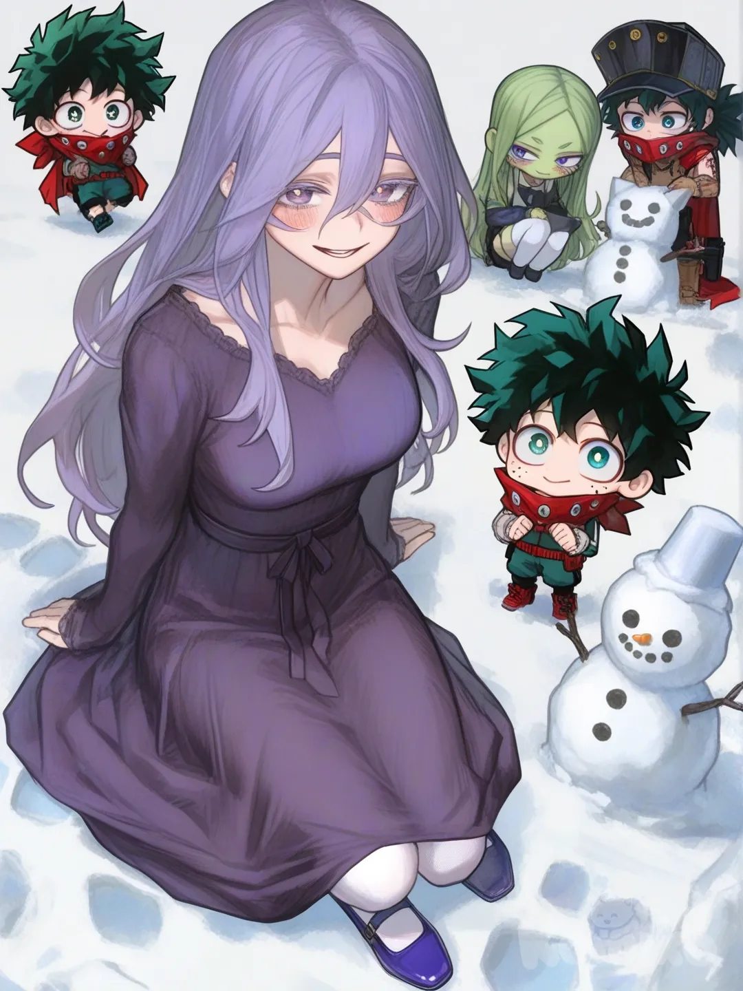 [semi-realistic-portrait-style] 2girls, 1boy, izuku midoriya, original characters, chibi, teenager, slim, curvy, purple hair, purple eyes, scar, freckles, pale skin, blue hair, blue eyes, tattoo, dimples, olive skin, purple long dress, white thighhighs, purple footwear, blue long dress, black tights, blue footwear, fighting izuku midoriya, looking at izuku midoriya, full body, my hero academia style, pastel colors, cel shading, soft shading, impasto, purple snow, galaxy cat, poison ivy, blue snow, scary snowman, fighting scene background, single character, full body, looking at viewer, anime style, simple background, white background