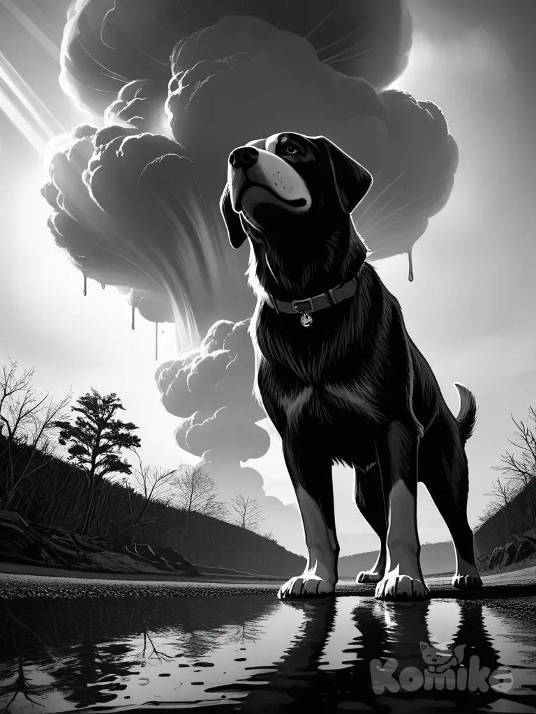 A mood stained boxer dog, wet hair, on a soaked street, mist, golden hour, dramatic light, low angle, nuclear bomb explosion in the background, Photorealistic, grayscale