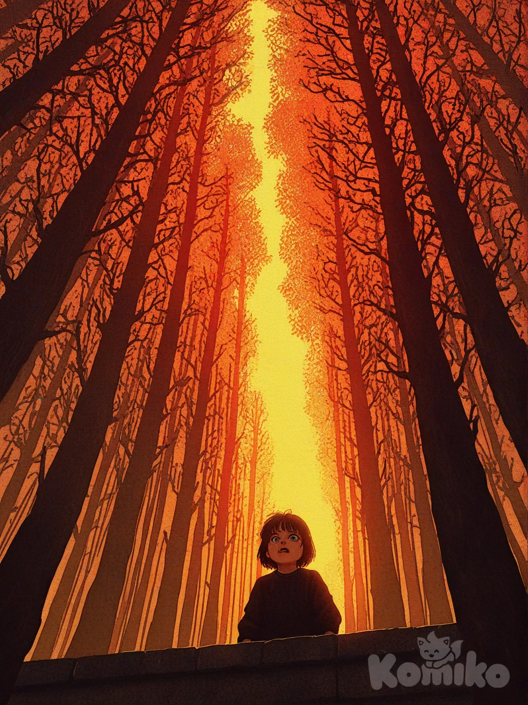 A 8 years old kid is lost in the middle of a creepy forest, mist, low angle, realistic, photorealistic, silouette, dramatic light from behind, golden hour, [action-manga-style]