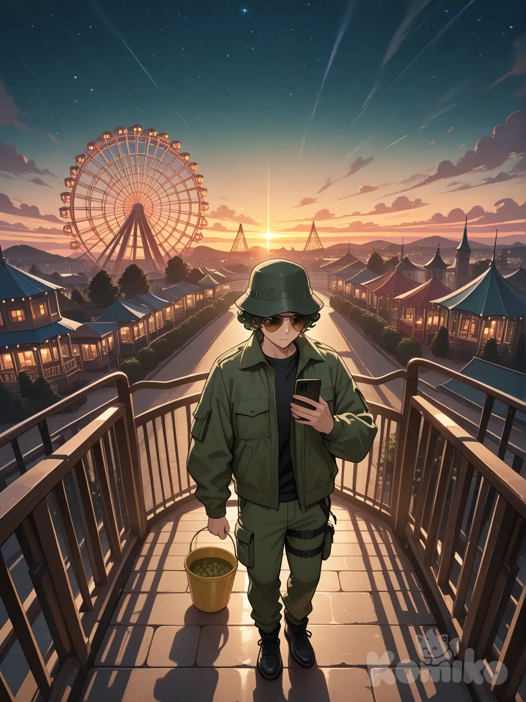 1boy, looking at phone, outdoor adventure jacket, cargo pants, bucket hat, aviator sunglasses, fluffy curls, olive green, bird's-eye view, cinematic lighting, twilight, ferris wheel