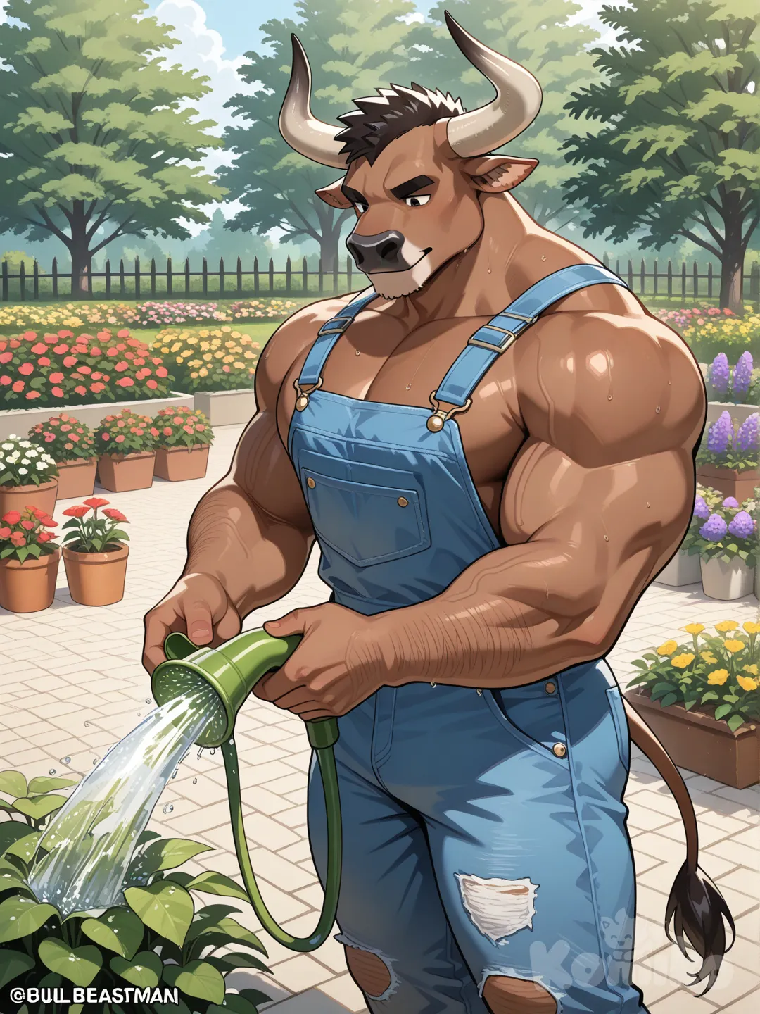 牛兽人有壮硕身材,在浇花 , overalls , garden