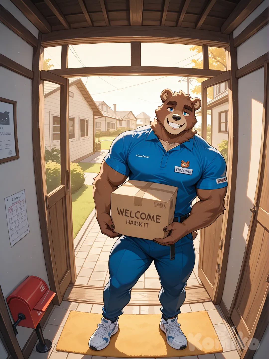 熊獸人 穿藍衣服褲子 送快遞 背景家門口