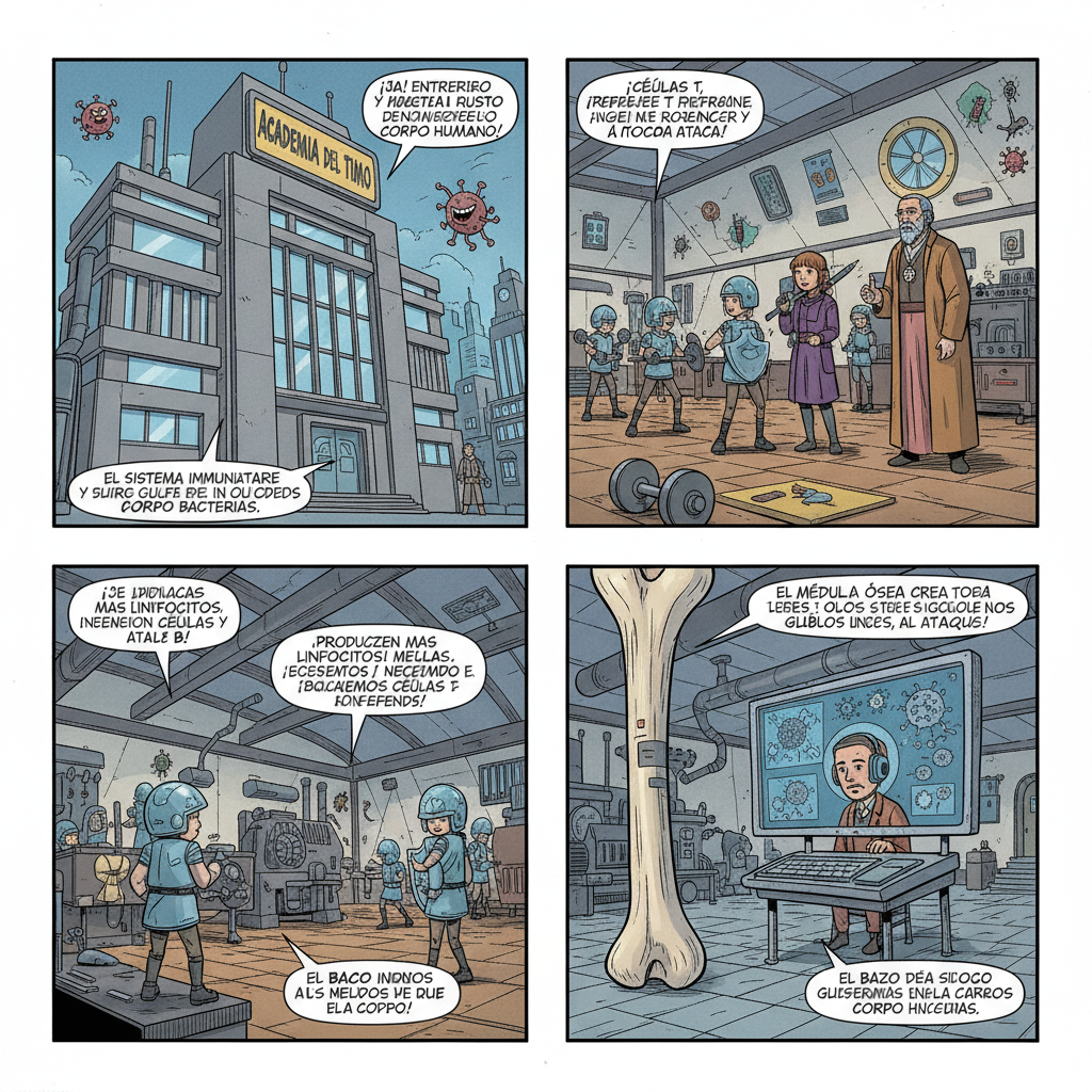 realiza un comic con las siguientes viñetas: Historieta: “Los Guardianes del Cuerpo”
🟩 Viñeta 1: La invasión comienza Escena: Vista interna del cuerpo humano como una ciudad futurista. Pequeños virus y bacterias (con caras traviesas) intentan entrar.
Narrador:
“El sistema inmunitario es un poderoso ejército que protege nuestro cuerpo de los invasores llamados agentes patógenos, como virus y bacterias.”
Virus:
“¡Ja! ¡Entraremos y conquistaremos el cuerpo humano!”
Narrador:
“Pero los guardianes del cuerpo no lo permitirán…” 🟩 Viñeta 2: El Timo, la escuela de las células T Escena: Un edificio con el cartel “Academia del Timo”. Dentro, linfocitos jóvenes entrenan con pesas y escudos.
Timo (como un maestro sabio):
“¡Células T, prepárense! Aquí aprenderán a reconocer y atacar a los enemigos.”
Narrador:
“El timo es donde las células T maduran durante la infancia para convertirse en soldados defensores.” 🟩 Viñeta 3: La Médula Ósea, la fábrica de defensas Escena: Una gran fábrica dentro de un hueso. Máquinas producen células con cascos.
Médula Ósea (voz firme):
“¡Produzcan más linfocitos! ¡Necesitamos células T y células B!”
Narrador:
“La médula ósea crea todos los glóbulos y linfocitos del cuerpo, las células encargadas de defendernos.” 🟩 Viñeta 4: El Bazo, el centro de vigilancia Escena: Un centro de control con pantallas que muestran virus detectados en la sangre.
Bazo (con auriculares):
“¡Alerta! Antígenos detectados. ¡Glóbulos blancos, al ataque!”
Narrador:
“El bazo analiza la sangre y activa a los glóbulos blancos para combatir los invasores.” 🟩 Viñeta 5: Los Guardianes de la entrada Escena: En la boca y la nariz, las amígdalas y adenoides vigilan con redes y cascos.
Amígdala:
“¡Atención! ¡Gérmenes entrando por la nariz!”
Adenoide:
“¡Los atrapo antes de que avancen!”
Narrador:
“Las amígdalas y adenoides son la primera línea de defensa: atrapan gérmenes que entran por la boca y la nariz.” 🟩 Viñeta 6: El Apéndice y la Placa de Peyer Escena: En el intestino, el Apéndice vigila con una linterna y la Placa de Peyer analiza bacterias con microscopios.
Apéndice:
“¡Evitemos que las infecciones se propaguen!”
Placa de Peyer:
“Analizando bacterias… estas son amigas, no enemigos.”
Narrador:
“El apéndice y la placa de Peyer ayudan a mantener bacterias sanas y a detectar las peligrosas.” 🟩 Viñeta 7: Reconociendo al enemigo Escena: Una célula T observa un virus con una lupa, viendo sus antígenos.
Célula T:
“¡Estos antígenos lo delatan! ¡Es un intruso!”
Narrador:
“El sistema inmunitario reconoce a los invasores por sus antígenos, que funcionan como una huella única.” 🟩 Viñeta 8: Los anticuerpos al rescate Escena: Células B lanzan anticuerpos que se adhieren a los virus.
Célula B:
“¡Anticuerpos, en marcha! ¡Marquen al enemigo para su destrucción!”
Narrador:
“Los anticuerpos son proteínas que se pegan a los patógenos y avisan a las células inmunitarias para destruirlos.” 🟩 Viñeta 9: Dos tipos de defensa Escena dividida en dos partes:
🔹 Lado izquierdo (innata): piel como muralla, lágrimas, moco y glóbulos atacando rápido.
🔹 Lado derecho (adaptativa): células B y T analizando y guardando información.
Narrador:
“El sistema inmunitario puede reaccionar de dos formas:
👉 Inmunidad innata: rápida y general, con barreras como la piel, el moco o el ácido del estómago.
👉 Inmunidad adaptativa: más lenta, pero específica. Aprende y recuerda al enemigo gracias a las células T y B.” 🟩 Viñeta 10: Memoria inmunológica Escena: Un archivo digital donde las células T guardan registros de virus derrotados.
Célula T (tecleando):
“Datos guardados. Si este virus regresa, estaremos listos.”
Narrador:
“El cuerpo recuerda cada infección y puede responder más rápido la próxima vez.” 🟩 Viñeta 11: Victoria del sistema inmunitario Escena: Los virus y bacterias huyen, y los glóbulos celebran la victoria.
Célula B:
“¡Misión cumplida!”
Narrador:
“El sistema inmunitario es un ejército silencioso, complejo y poderoso… ¡nuestro guardián de vida!”