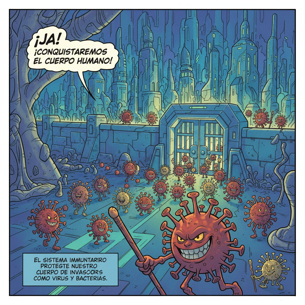 realiza un comic con las siguientes viñetas: Historieta: “Los Guardianes del Cuerpo”
🟩 Viñeta 1: La invasión comienza Escena: Vista interna del cuerpo humano como una ciudad futurista. Pequeños virus y bacterias (con caras traviesas) intentan entrar.
Narrador:
“El sistema inmunitario es un poderoso ejército que protege nuestro cuerpo de los invasores llamados agentes patógenos, como virus y bacterias.”
Virus:
“¡Ja! ¡Entraremos y conquistaremos el cuerpo humano!”
Narrador:
“Pero los guardianes del cuerpo no lo permitirán…” 🟩 Viñeta 2: El Timo, la escuela de las células T Escena: Un edificio con el cartel “Academia del Timo”. Dentro, linfocitos jóvenes entrenan con pesas y escudos.
Timo (como un maestro sabio):
“¡Células T, prepárense! Aquí aprenderán a reconocer y atacar a los enemigos.”
Narrador:
“El timo es donde las células T maduran durante la infancia para convertirse en soldados defensores.” 🟩 Viñeta 3: La Médula Ósea, la fábrica de defensas Escena: Una gran fábrica dentro de un hueso. Máquinas producen células con cascos.
Médula Ósea (voz firme):
“¡Produzcan más linfocitos! ¡Necesitamos células T y células B!”
Narrador:
“La médula ósea crea todos los glóbulos y linfocitos del cuerpo, las células encargadas de defendernos.” 🟩 Viñeta 4: El Bazo, el centro de vigilancia Escena: Un centro de control con pantallas que muestran virus detectados en la sangre.
Bazo (con auriculares):
“¡Alerta! Antígenos detectados. ¡Glóbulos blancos, al ataque!”
Narrador:
“El bazo analiza la sangre y activa a los glóbulos blancos para combatir los invasores.” 🟩 Viñeta 5: Los Guardianes de la entrada Escena: En la boca y la nariz, las amígdalas y adenoides vigilan con redes y cascos.
Amígdala:
“¡Atención! ¡Gérmenes entrando por la nariz!”
Adenoide:
“¡Los atrapo antes de que avancen!”
Narrador:
“Las amígdalas y adenoides son la primera línea de defensa: atrapan gérmenes que entran por la boca y la nariz.” 🟩 Viñeta 6: El Apéndice y la Placa de Peyer Escena: En el intestino, el Apéndice vigila con una linterna y la Placa de Peyer analiza bacterias con microscopios.
Apéndice:
“¡Evitemos que las infecciones se propaguen!”
Placa de Peyer:
“Analizando bacterias… estas son amigas, no enemigos.”
Narrador:
“El apéndice y la placa de Peyer ayudan a mantener bacterias sanas y a detectar las peligrosas.” 🟩 Viñeta 7: Reconociendo al enemigo Escena: Una célula T observa un virus con una lupa, viendo sus antígenos.
Célula T:
“¡Estos antígenos lo delatan! ¡Es un intruso!”
Narrador:
“El sistema inmunitario reconoce a los invasores por sus antígenos, que funcionan como una huella única.” 🟩 Viñeta 8: Los anticuerpos al rescate Escena: Células B lanzan anticuerpos que se adhieren a los virus.
Célula B:
“¡Anticuerpos, en marcha! ¡Marquen al enemigo para su destrucción!”
Narrador:
“Los anticuerpos son proteínas que se pegan a los patógenos y avisan a las células inmunitarias para destruirlos.” 🟩 Viñeta 9: Dos tipos de defensa Escena dividida en dos partes:
🔹 Lado izquierdo (innata): piel como muralla, lágrimas, moco y glóbulos atacando rápido.
🔹 Lado derecho (adaptativa): células B y T analizando y guardando información.
Narrador:
“El sistema inmunitario puede reaccionar de dos formas:
👉 Inmunidad innata: rápida y general, con barreras como la piel, el moco o el ácido del estómago.
👉 Inmunidad adaptativa: más lenta, pero específica. Aprende y recuerda al enemigo gracias a las células T y B.” 🟩 Viñeta 10: Memoria inmunológica Escena: Un archivo digital donde las células T guardan registros de virus derrotados.
Célula T (tecleando):
“Datos guardados. Si este virus regresa, estaremos listos.”
Narrador:
“El cuerpo recuerda cada infección y puede responder más rápido la próxima vez.” 🟩 Viñeta 11: Victoria del sistema inmunitario Escena: Los virus y bacterias huyen, y los glóbulos celebran la victoria.
Célula B:
“¡Misión cumplida!”
Narrador:
“El sistema inmunitario es un ejército silencioso, complejo y poderoso… ¡nuestro guardián de vida!”