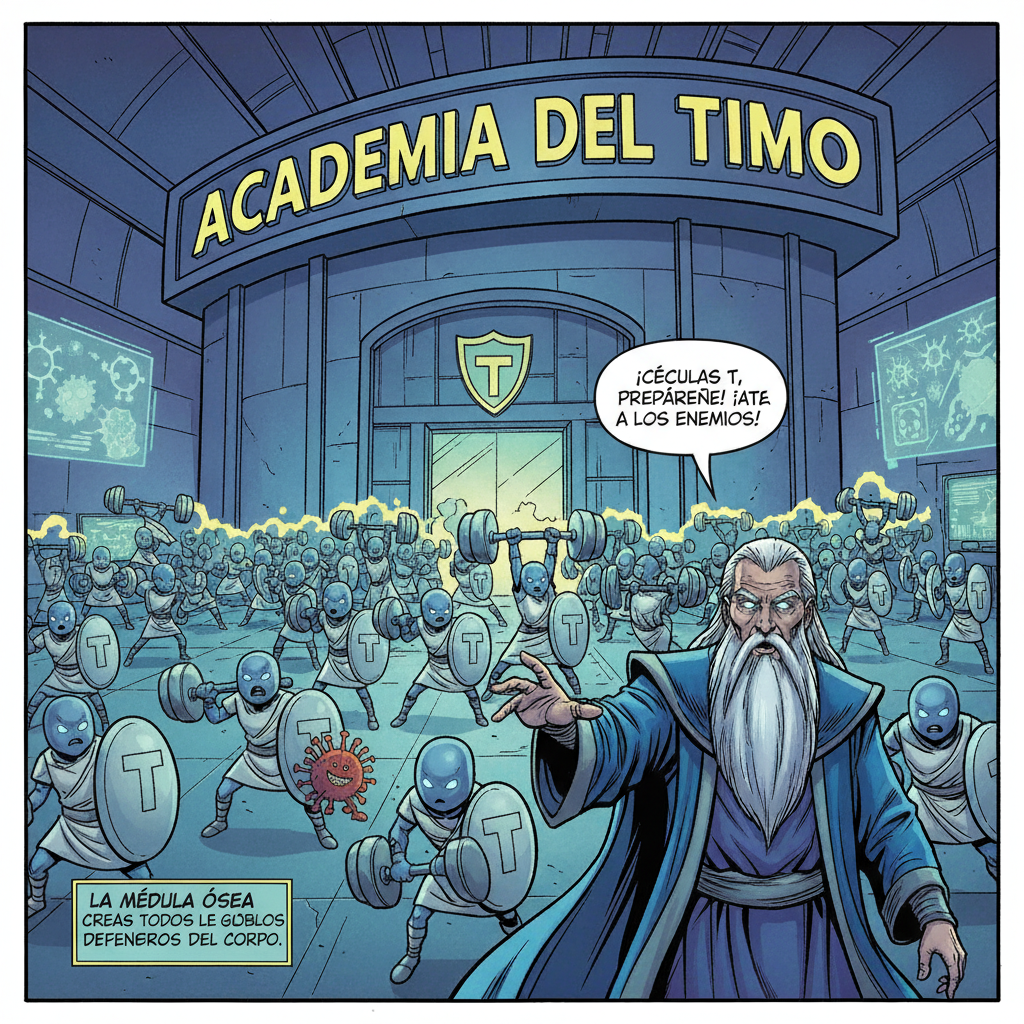 realiza un comic con las siguientes viñetas: Historieta: “Los Guardianes del Cuerpo”
🟩 Viñeta 1: La invasión comienza Escena: Vista interna del cuerpo humano como una ciudad futurista. Pequeños virus y bacterias (con caras traviesas) intentan entrar.
Narrador:
“El sistema inmunitario es un poderoso ejército que protege nuestro cuerpo de los invasores llamados agentes patógenos, como virus y bacterias.”
Virus:
“¡Ja! ¡Entraremos y conquistaremos el cuerpo humano!”
Narrador:
“Pero los guardianes del cuerpo no lo permitirán…” 🟩 Viñeta 2: El Timo, la escuela de las células T Escena: Un edificio con el cartel “Academia del Timo”. Dentro, linfocitos jóvenes entrenan con pesas y escudos.
Timo (como un maestro sabio):
“¡Células T, prepárense! Aquí aprenderán a reconocer y atacar a los enemigos.”
Narrador:
“El timo es donde las células T maduran durante la infancia para convertirse en soldados defensores.” 🟩 Viñeta 3: La Médula Ósea, la fábrica de defensas Escena: Una gran fábrica dentro de un hueso. Máquinas producen células con cascos.
Médula Ósea (voz firme):
“¡Produzcan más linfocitos! ¡Necesitamos células T y células B!”
Narrador:
“La médula ósea crea todos los glóbulos y linfocitos del cuerpo, las células encargadas de defendernos.” 🟩 Viñeta 4: El Bazo, el centro de vigilancia Escena: Un centro de control con pantallas que muestran virus detectados en la sangre.
Bazo (con auriculares):
“¡Alerta! Antígenos detectados. ¡Glóbulos blancos, al ataque!”
Narrador:
“El bazo analiza la sangre y activa a los glóbulos blancos para combatir los invasores.” 🟩 Viñeta 5: Los Guardianes de la entrada Escena: En la boca y la nariz, las amígdalas y adenoides vigilan con redes y cascos.
Amígdala:
“¡Atención! ¡Gérmenes entrando por la nariz!”
Adenoide:
“¡Los atrapo antes de que avancen!”
Narrador:
“Las amígdalas y adenoides son la primera línea de defensa: atrapan gérmenes que entran por la boca y la nariz.” 🟩 Viñeta 6: El Apéndice y la Placa de Peyer Escena: En el intestino, el Apéndice vigila con una linterna y la Placa de Peyer analiza bacterias con microscopios.
Apéndice:
“¡Evitemos que las infecciones se propaguen!”
Placa de Peyer:
“Analizando bacterias… estas son amigas, no enemigos.”
Narrador:
“El apéndice y la placa de Peyer ayudan a mantener bacterias sanas y a detectar las peligrosas.” 🟩 Viñeta 7: Reconociendo al enemigo Escena: Una célula T observa un virus con una lupa, viendo sus antígenos.
Célula T:
“¡Estos antígenos lo delatan! ¡Es un intruso!”
Narrador:
“El sistema inmunitario reconoce a los invasores por sus antígenos, que funcionan como una huella única.” 🟩 Viñeta 8: Los anticuerpos al rescate Escena: Células B lanzan anticuerpos que se adhieren a los virus.
Célula B:
“¡Anticuerpos, en marcha! ¡Marquen al enemigo para su destrucción!”
Narrador:
“Los anticuerpos son proteínas que se pegan a los patógenos y avisan a las células inmunitarias para destruirlos.” 🟩 Viñeta 9: Dos tipos de defensa Escena dividida en dos partes:
🔹 Lado izquierdo (innata): piel como muralla, lágrimas, moco y glóbulos atacando rápido.
🔹 Lado derecho (adaptativa): células B y T analizando y guardando información.
Narrador:
“El sistema inmunitario puede reaccionar de dos formas:
👉 Inmunidad innata: rápida y general, con barreras como la piel, el moco o el ácido del estómago.
👉 Inmunidad adaptativa: más lenta, pero específica. Aprende y recuerda al enemigo gracias a las células T y B.” 🟩 Viñeta 10: Memoria inmunológica Escena: Un archivo digital donde las células T guardan registros de virus derrotados.
Célula T (tecleando):
“Datos guardados. Si este virus regresa, estaremos listos.”
Narrador:
“El cuerpo recuerda cada infección y puede responder más rápido la próxima vez.” 🟩 Viñeta 11: Victoria del sistema inmunitario Escena: Los virus y bacterias huyen, y los glóbulos celebran la victoria.
Célula B:
“¡Misión cumplida!”
Narrador:
“El sistema inmunitario es un ejército silencioso, complejo y poderoso… ¡nuestro guardián de vida!”