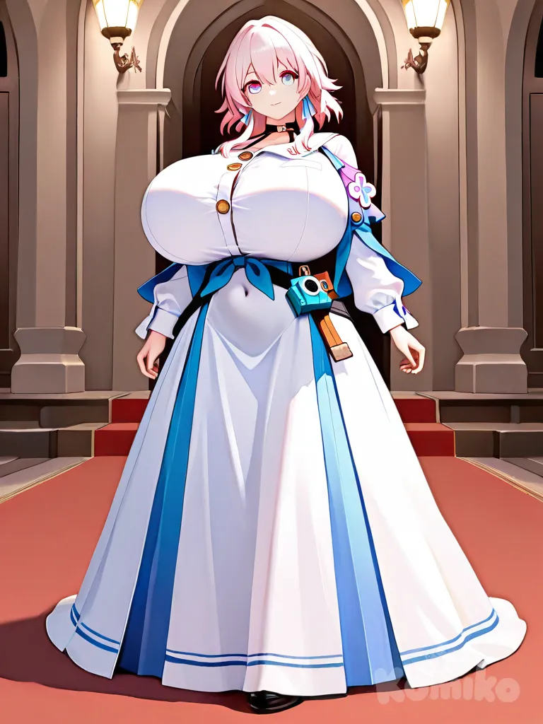 march 7th (honkai: star rail) completly cover her boobs and body with a thick dress, gigantic breasts, full body