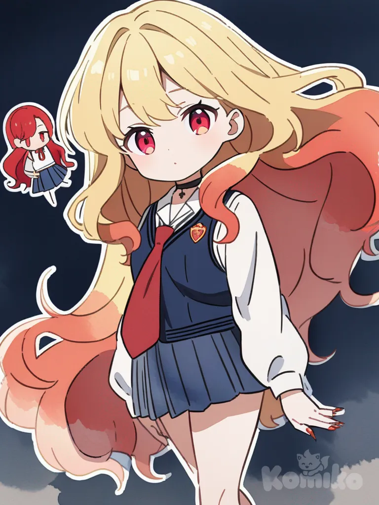 1girl, anime coloring, watercolor, chibi, teenager, slim, curvy, tall, short, red hair, blonde hair, long hair, straight hair, wavy hair, red eyes, fair skin, dress up my darling, school pleated skirt, school uniform, tie, choker, vest, school vest color blue with thin red lines, tall nails pink, single character, full body, looking at viewer, anime style, simple background, white background