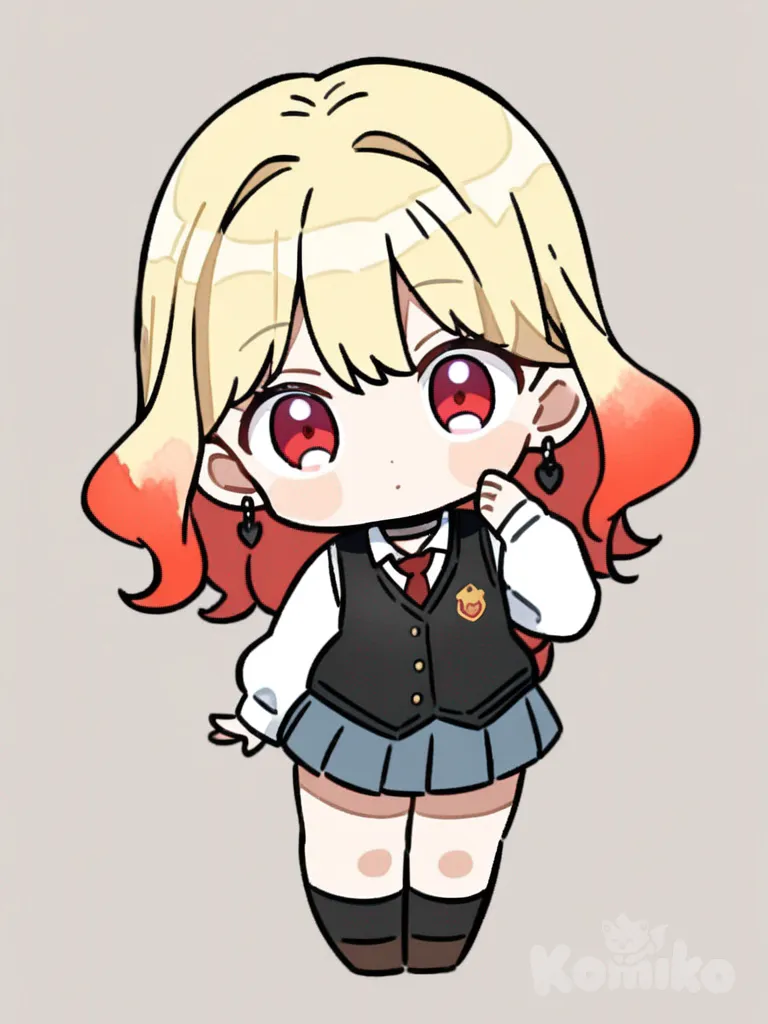 1girl, anime coloring, watercolor, chibi, teenager, slim, curvy, tall, short, red hair, blonde hair, long hair, straight hair, wavy hair, red eyes, fair skin, dress up my darling, vest, school vest, pleated skirt, school uniform, earrings, tie, choker, single character, full body, looking at viewer, anime style, simple background, white background