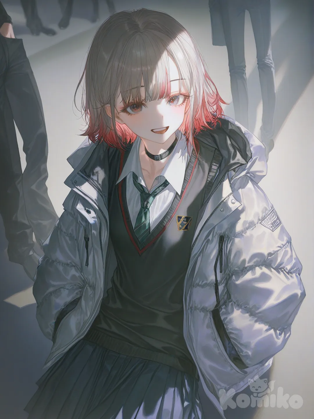 1boy and 1girl, 2people, [soft-light-illustration-style], waving, sitting on the ground, hands in pockets, smile, blush, laughing, t-shirt, school vest, pleated skirt, casual pants, school uniform, down jacket, tie, choker, blonde hair, straight bangs, gradient long, black hair, short hair, red hair, red eyes, gray eyes