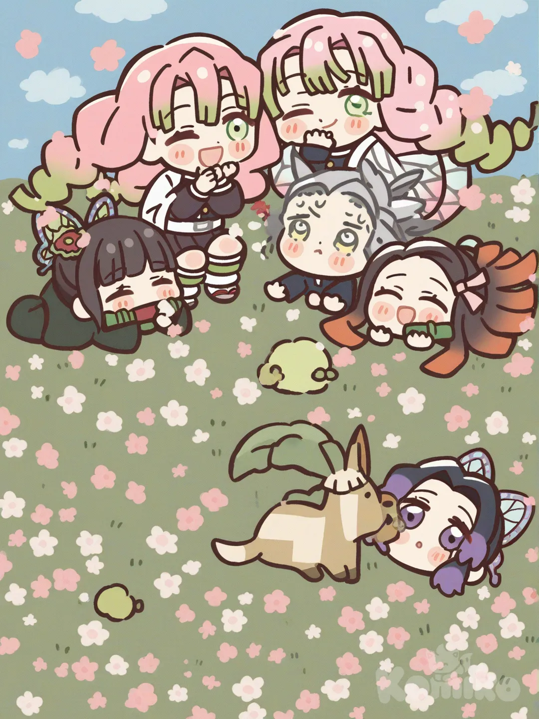Kamado Nezuko, Kochou Shinobu, Kanroji Mitsuri, Tsuyuri Kanao, kawaii, anime coloring, watercolor (medium), chibi, [glossy-chibi-style], gathering together, head tilt, smile, laughing, blush, one eye closed, depth of field, day, ambient light, cloud, blue sky, grassland, cherry blossoms, flower