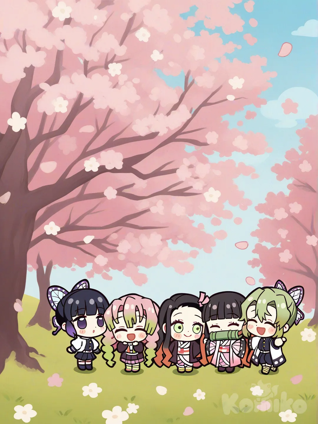 Kamado Nezuko, Kochou Shinobu, Kanroji Mitsuri, Tsuyuri Kanao, kawaii, anime coloring, watercolor (medium), chibi, [glossy-chibi-style], gathering together, head tilt, smile, laughing, blush, one eye closed, depth of field, day, ambient light, cloud, blue sky, grassland, cherry blossoms, flower