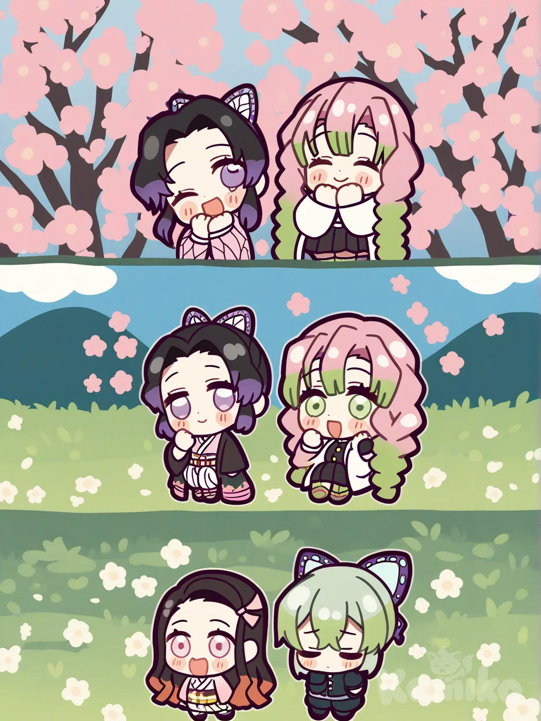 Kamado Nezuko, Kochou Shinobu, Kanroji Mitsuri, Tsuyuri Kanao, kawaii, anime coloring, watercolor (medium), chibi, [glossy-chibi-style], gathering together, head tilt, smile, laughing, blush, one eye closed, depth of field, day, ambient light, cloud, blue sky, grassland, cherry blossoms, flower