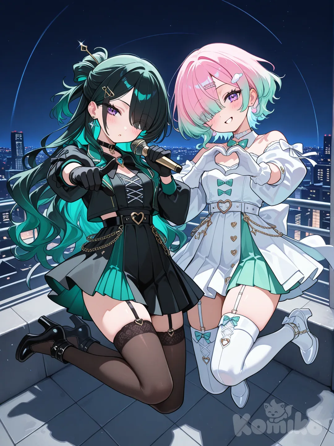 @Sua, @Mize, outdoor adventure jacket, pleated skirt, little white and black dress, evening dress, hairpin, hair accessory, bow tie, earrings, jewelry, heart hands, pointing at viewer, head tilt, jumping from rooftop