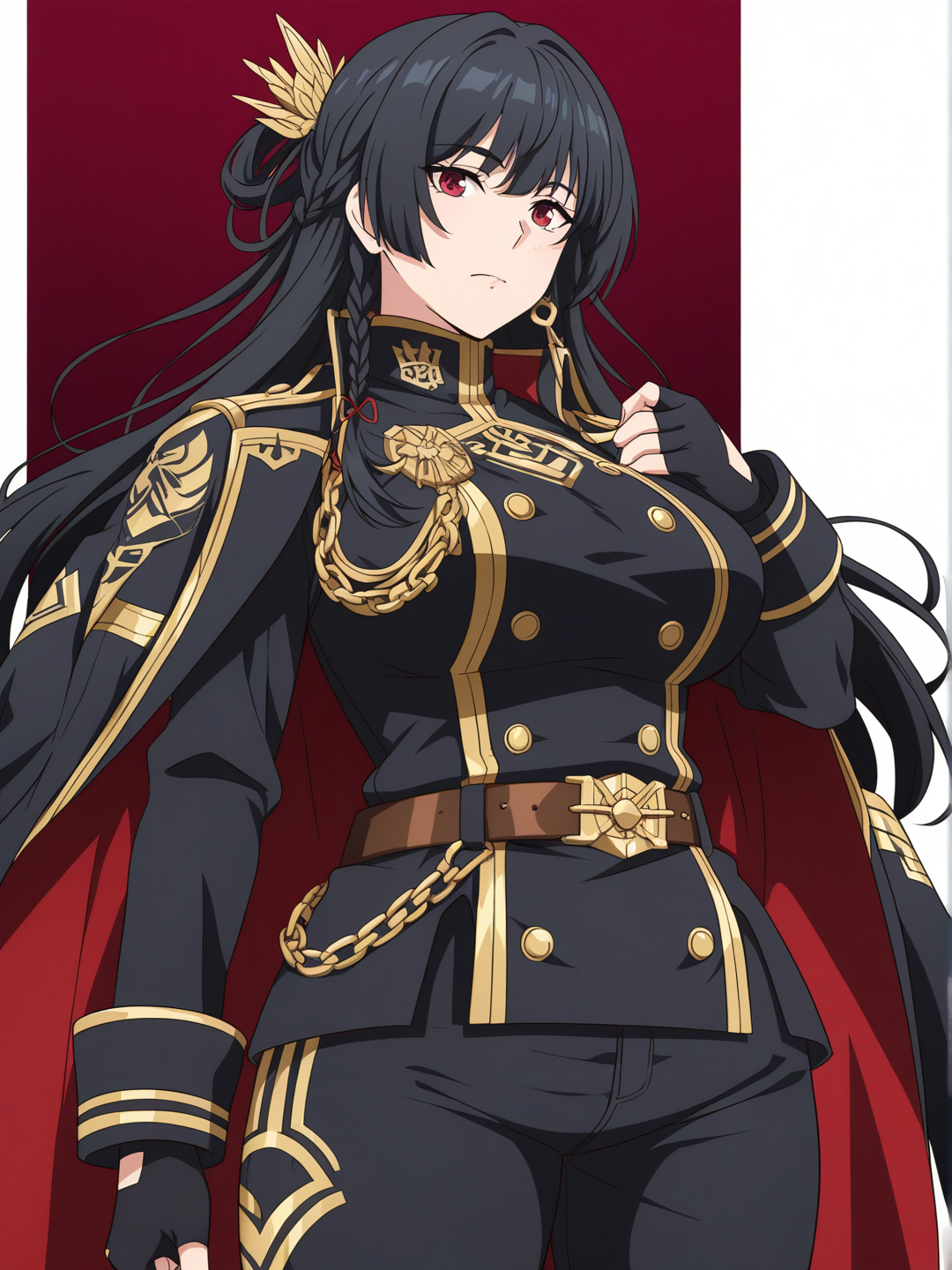 [pop-anime-style] 1girl, solo, original character, mature female, curvy, large breasts, red eyes, long black hair, side braid, hair ornament, hair ring, bangs, military uniform, long black coat, belted, shoulder pads, gold trim, embroidered emblem, high collar, black blouse, gold buttons, division insignia, wide belt, leather belt, gold buckle, metal chain, accessory, black pants, tight pants, reinforced pants, gold stripe, black boots, high boots, metal reinforcement, gold details, black gloves, fingerless gloves, gold emblem, asymmetrical skirt, side slit, skirt over pants, dark red lining, optional short asymmetrical black cape, dark red interior, gold pattern, wuthering waves style, single character, upper body, looking at viewer, simple background, white background