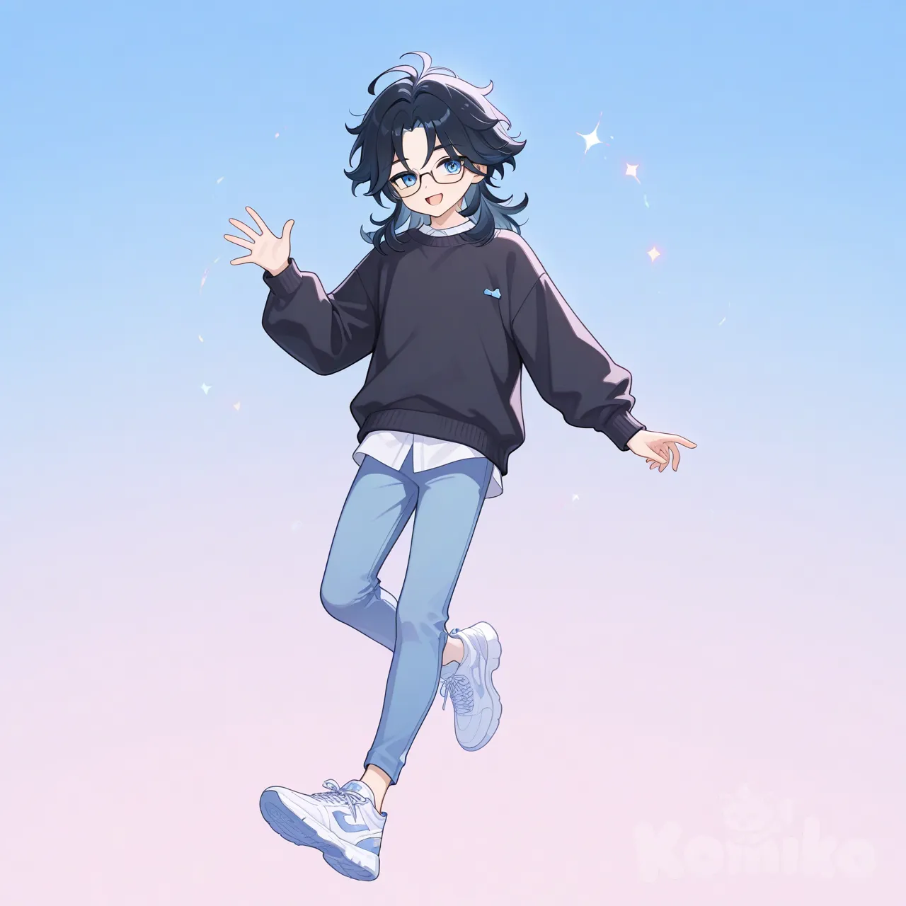 1boy, @martin-jr-walford-Pqf8, portrait, blue sky, Genshin Impact, pastel colors, waving, open mouth