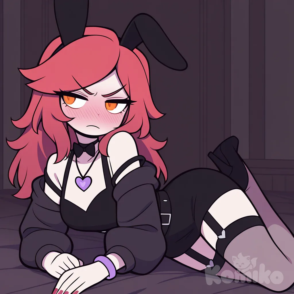 1girl, @mary-gosmictru-QEDa ,bunny ears, purple bracelet, purple choker, black bow tie, bodysuit, suspender stockings, full body, room, dark room, og, anime , lie on stomache, angry, 2D, [pop-toon-style]