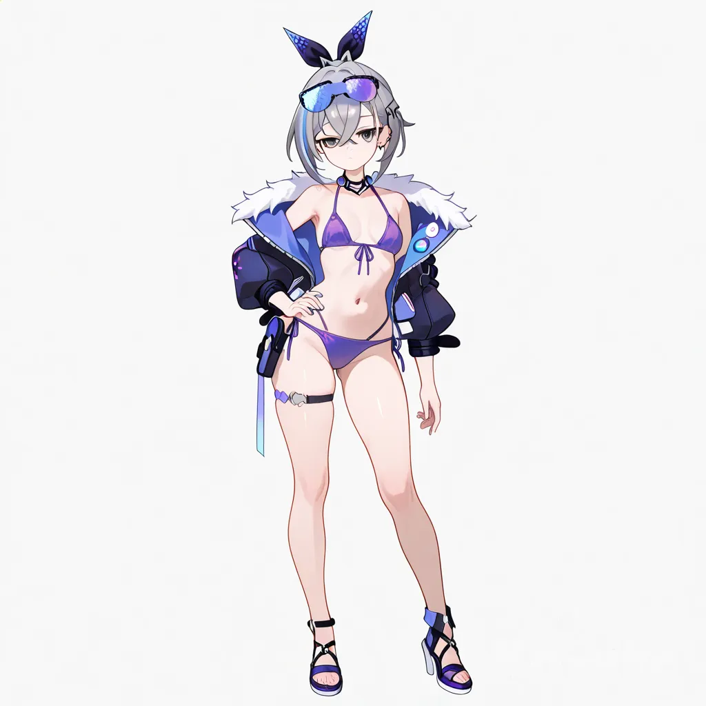 [glossy-anime-style], Silver Wolf (Honkai:Star Rail) 1girls, purple bikini, purple heel, sexy, full body, 2D, pastel colors, lineart, white background