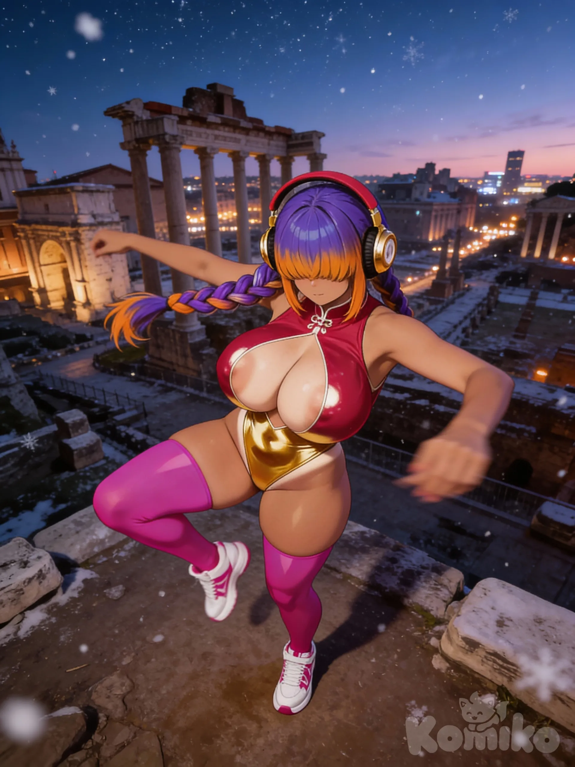 @thaia-thaxton-EACu, upper body, panoramic lens, medium long shot, depth of field, ambient light, city lights, twilight, snowy, starry sky, ruins, training, practicing Capoeira