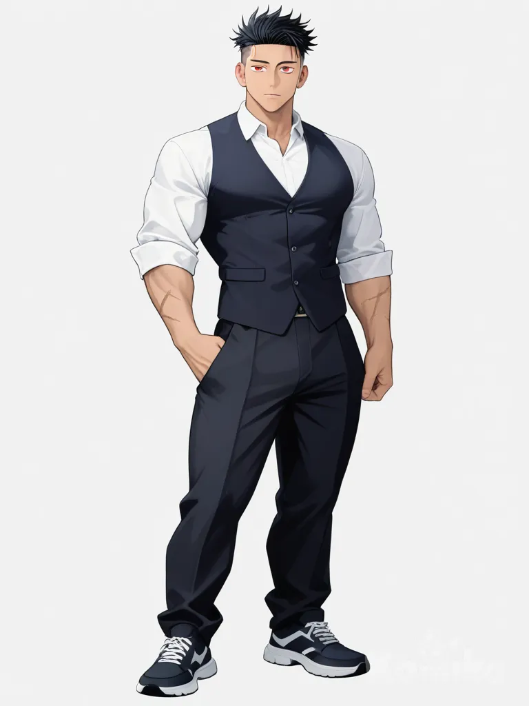 1boy, jujutsu kaisen style, demon, teenager, muscular, tall, black hair, side-parted hair, undercut, red eyes, tan skin, scar, vest, casual pants, single character, full body, looking at viewer, anime style, simple background, white background