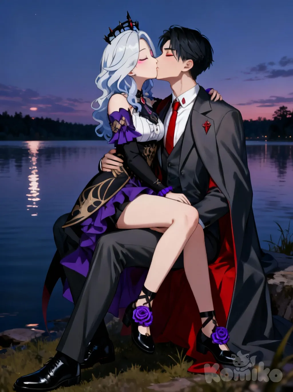 1boy, 1girl, 2people, <seraphina-ZR9D>, <draven-voss-BgpO>, kissing, eyes closed, sitting on lap, full body, twilight, lake