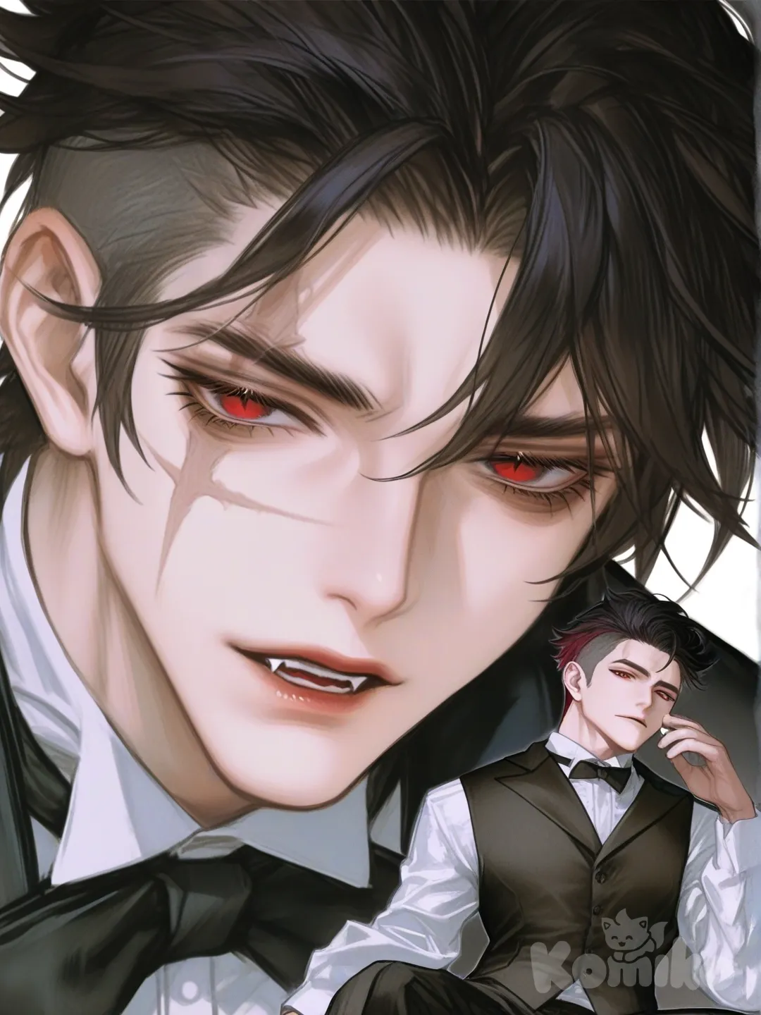 [semi-realistic-portrait-style] 1boy, demon, vampire, genshin impact style, muscular, tall, mature, black hair, undercut, side-parted hair, red eyes, scar, tuxedo, single character, full body, looking at viewer, simple background, white background