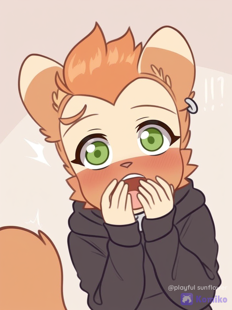 [flat-furry-style], 1boy, shocked, covering mouth, hoodie, cat ears, earrings, animal cat tail and cat ears, catboy slicked-back hair