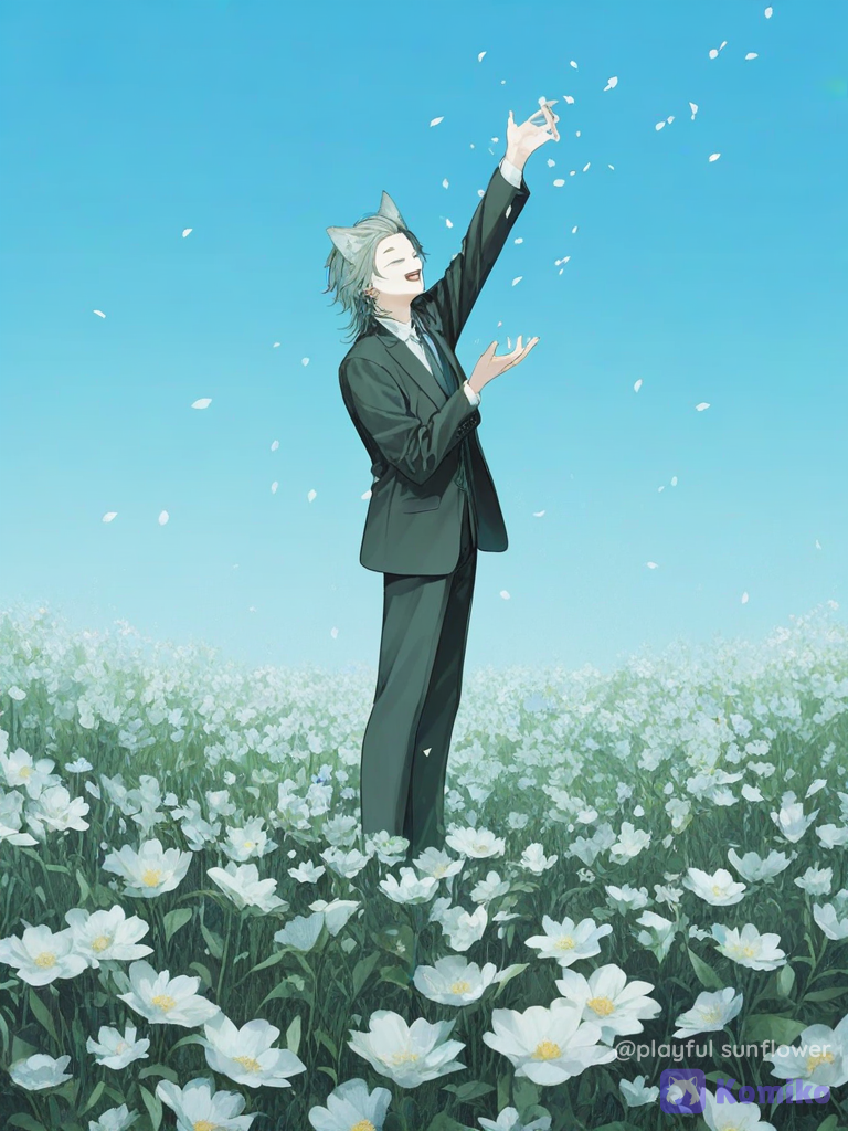 [sweet-pastel-style], 1boy, suit, slicked-back hair, wolf ears, earrings, shocked, smile, open mouth, one eye closed, flower field, wide shot, full body