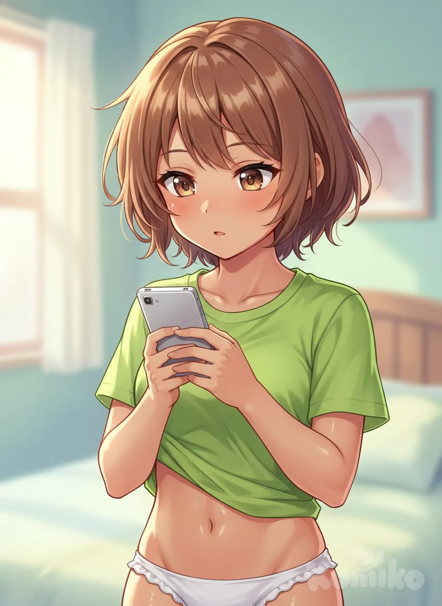 1boy, femboy, solo, phone, lime green t shirt, shirt, holding, cellphone, holding phone, cartoon style, anime style,<lora:Perfect :1.0>, femboy appearance, medium hair, panties, light brown eyes, shirt up, stomach, bronze skin, femboy, femboy appearance, slightly messy hair, shinning skin, glossy skin, light brownish skin, caramel skintone, short, small body, saturated skintone(40%), anime style