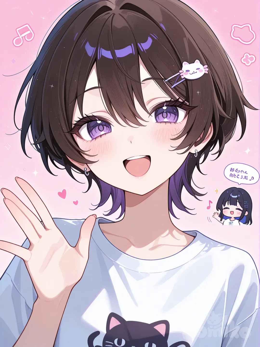 t-shirt, waving, singing, 2people, headshot