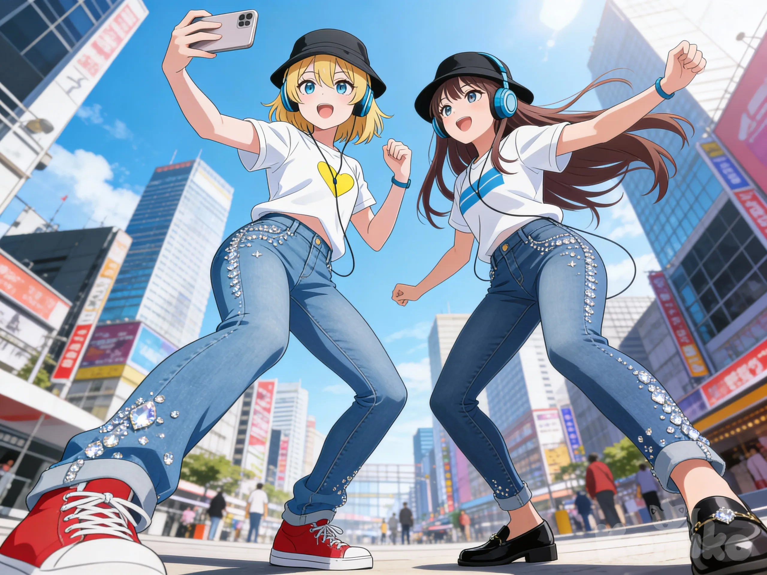 @angelina-ijVC, @me-t4rl, anime coloring, dancing, selfie, singing, looking at phone, jeans, diamonds, headphones, bucket hat, full body, from below, day, cityscape