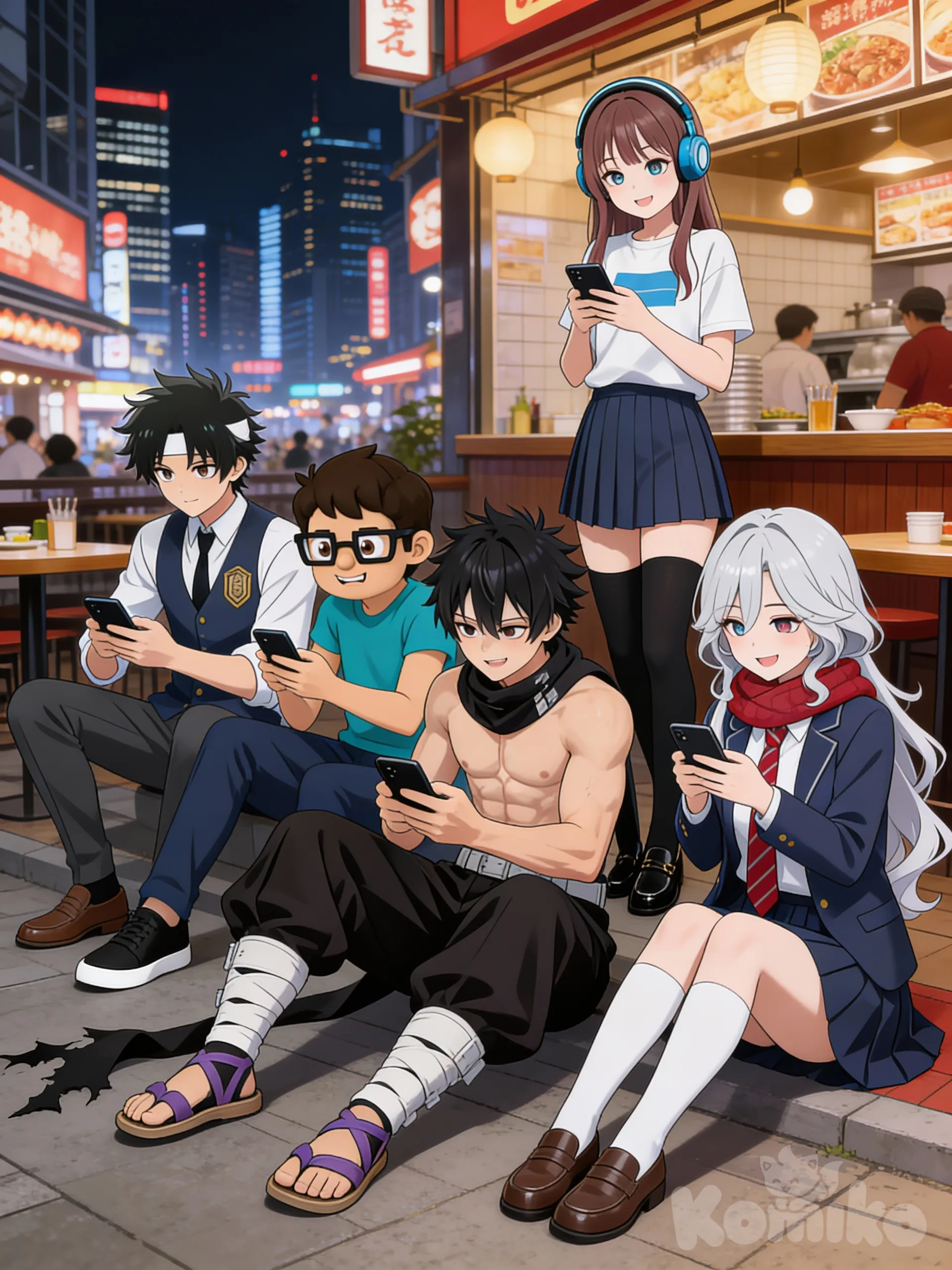 @nicholas-FLIv, @me-t4rl, @ncsdpp-ewGj, @taiki-suzuki-vdP1, looking at phone, sitting on the ground, @nghi-ybM1, smile, full body, night, cityscape, restaurant