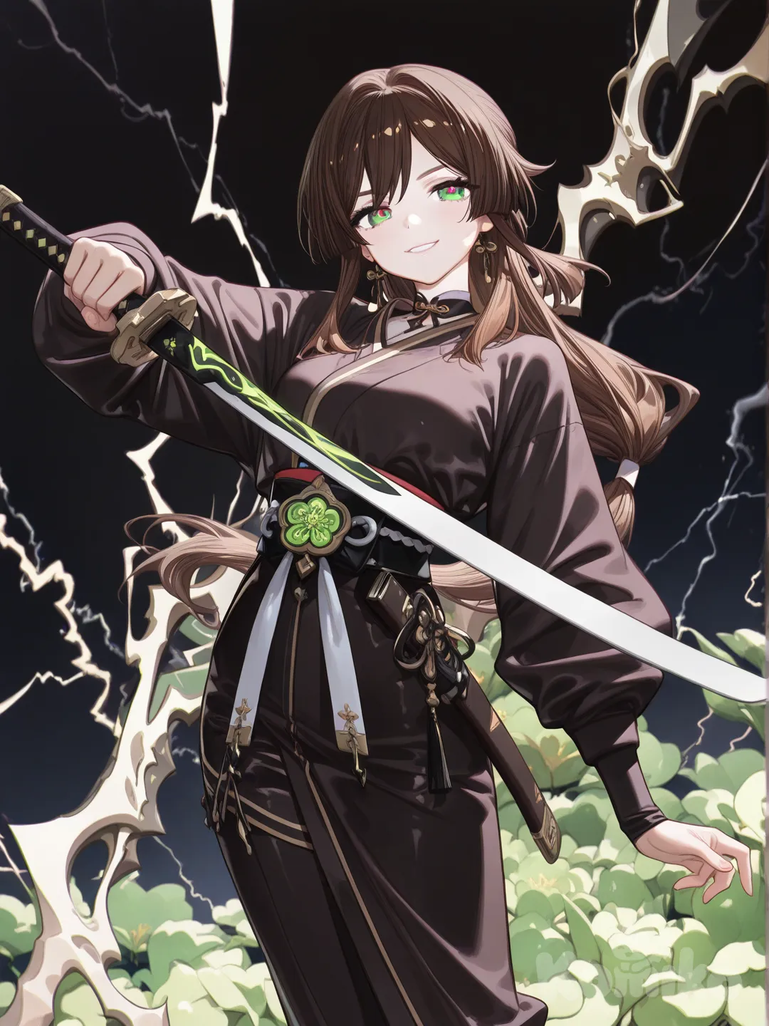 1girl, mature female, looking at viewer, glowing green eyes, long brown hair, thunder blade katana, Genshin Impact, low tied hair, alluring grin, 丸メガネ, ポニーテール, 黒いポロシャツ, 黒いパーカー, 袖をまくる, 黒い目, 黒髪, 柔らかい口元, 一重まぶた, straight hair, lightning, fantasy weapon, standing pose, [high-gloss-illustration-style]