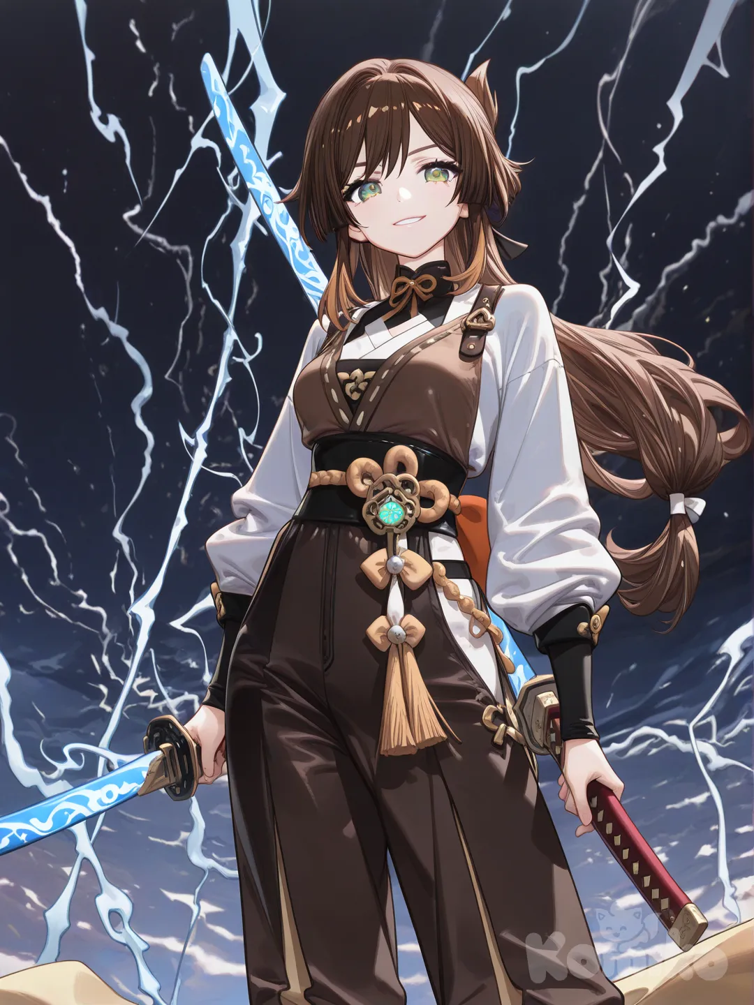 1girl, mature female, looking at viewer, glowing green eyes, long brown hair, thunder blade katana, Genshin Impact, low tied hair, alluring grin, 丸メガネ, ポニーテール, 黒いポロシャツ, 黒いパーカー, 袖をまくる, 黒い目, 黒髪, 柔らかい口元, 一重まぶた, straight hair, lightning, fantasy weapon, standing pose, [high-gloss-illustration-style]