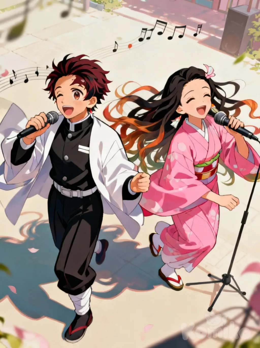 1girl, 1boy, 1girl, 2people, Tokitou Muichirou, Kamado Nezuko, singing, dancing, bird's-eye view