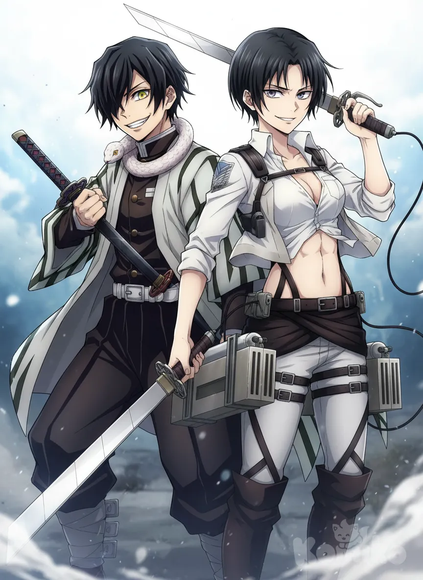 1boy, 1girl, 2people, Iguro Obanai, holding sword, evil smile