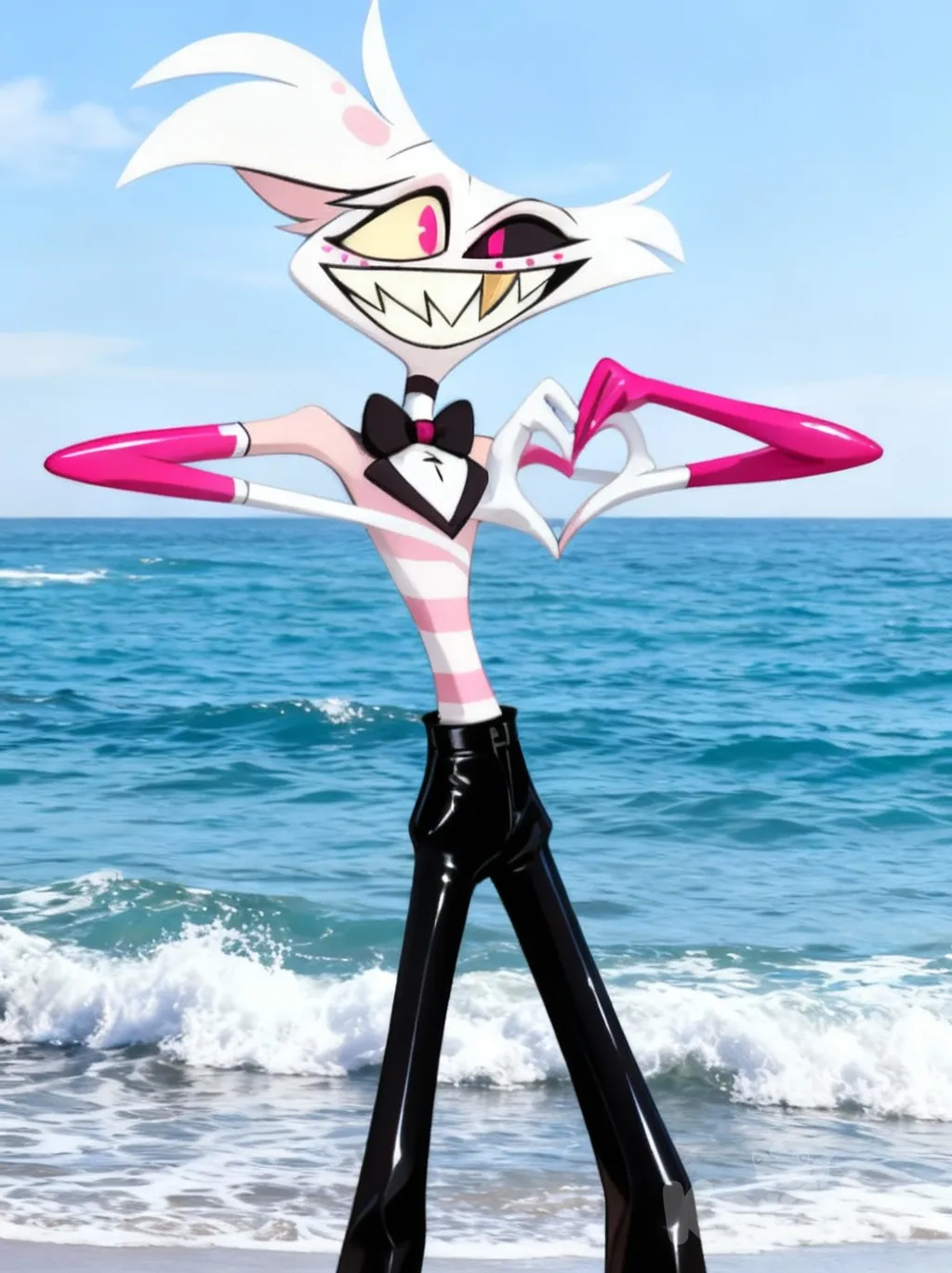 @Angel_Dust, [high-contrast-glossy-style], heart hands, ocean