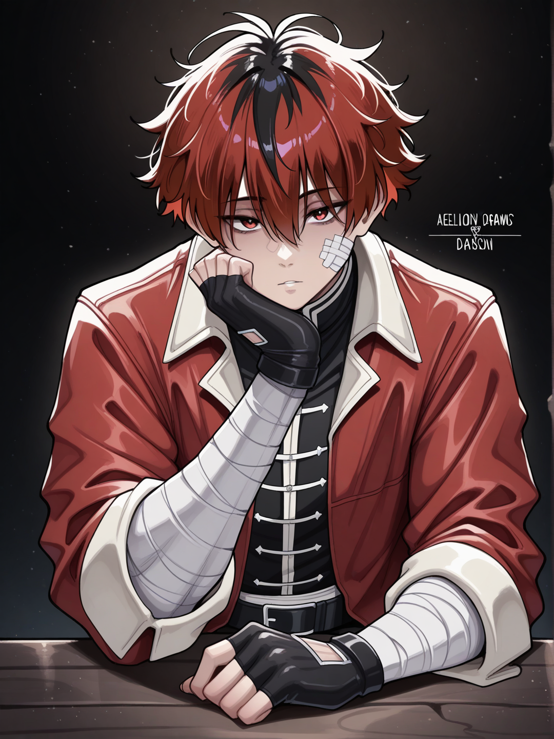 stark \(sousou no frieren\), sousou no frieren, 1boy, red eyes, hair between eyes, red hair, short hair, black hair, two-tone hair, red jacket, black gloves, fingerless gloves, long sleeves, bandaged arm, by aelion draws