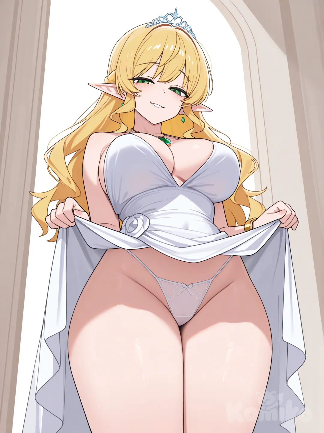 @magnolia-jtAp, visão de baixo, mostrando calcinha, mãos subindo o vestido, de pé, pernas juntas, de perto, olhos semi cerrados, sorriso safado, calcinha exposta, [toon-shaded-style]