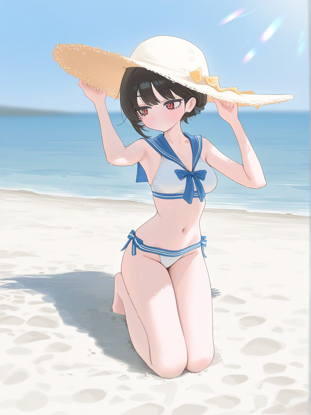 cute female, medium breasts, medium butt, cute, beach, sailor bikini, embarrassed, desviando o olhar, ajoelhada, mão esquerda na areia, mão direita no chapeu, tentando se esconder, mulher alta, [vibrant-anime-style]