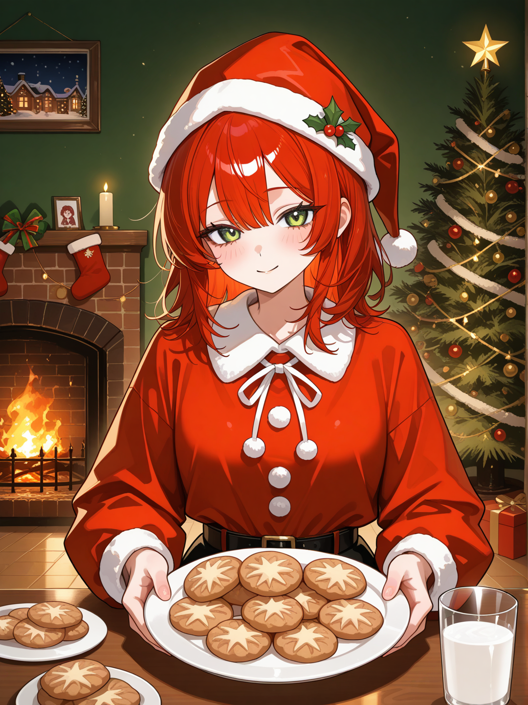 KomikoChristmas, Iridescent style, woman with medium length red hair wearing a Christmas outfit placing a plate of cookies and a glass of milk near an unlit fireplace. To the right of the fireplace is a fully decorated Christmas tree, with red and green lights.